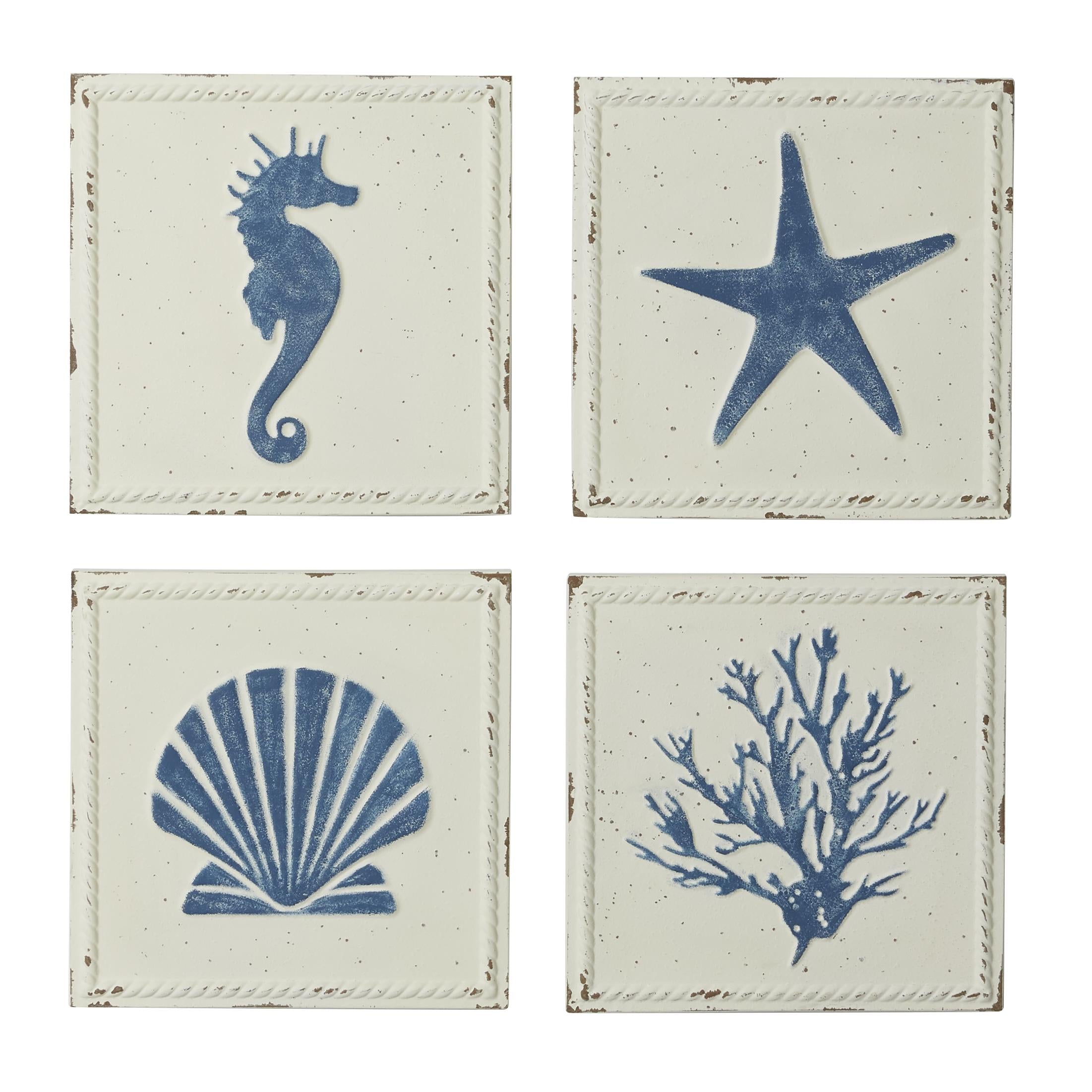 Set of 4 Sea Horse Metal Speckled Home Wall Decor with Starfish, Shell, and Coral Designs Set of 4 12"W, 12"H