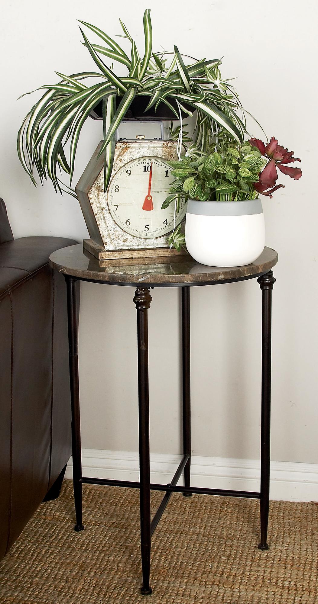 Brown Marble Side End Accent Table with Bronze Metal Legs