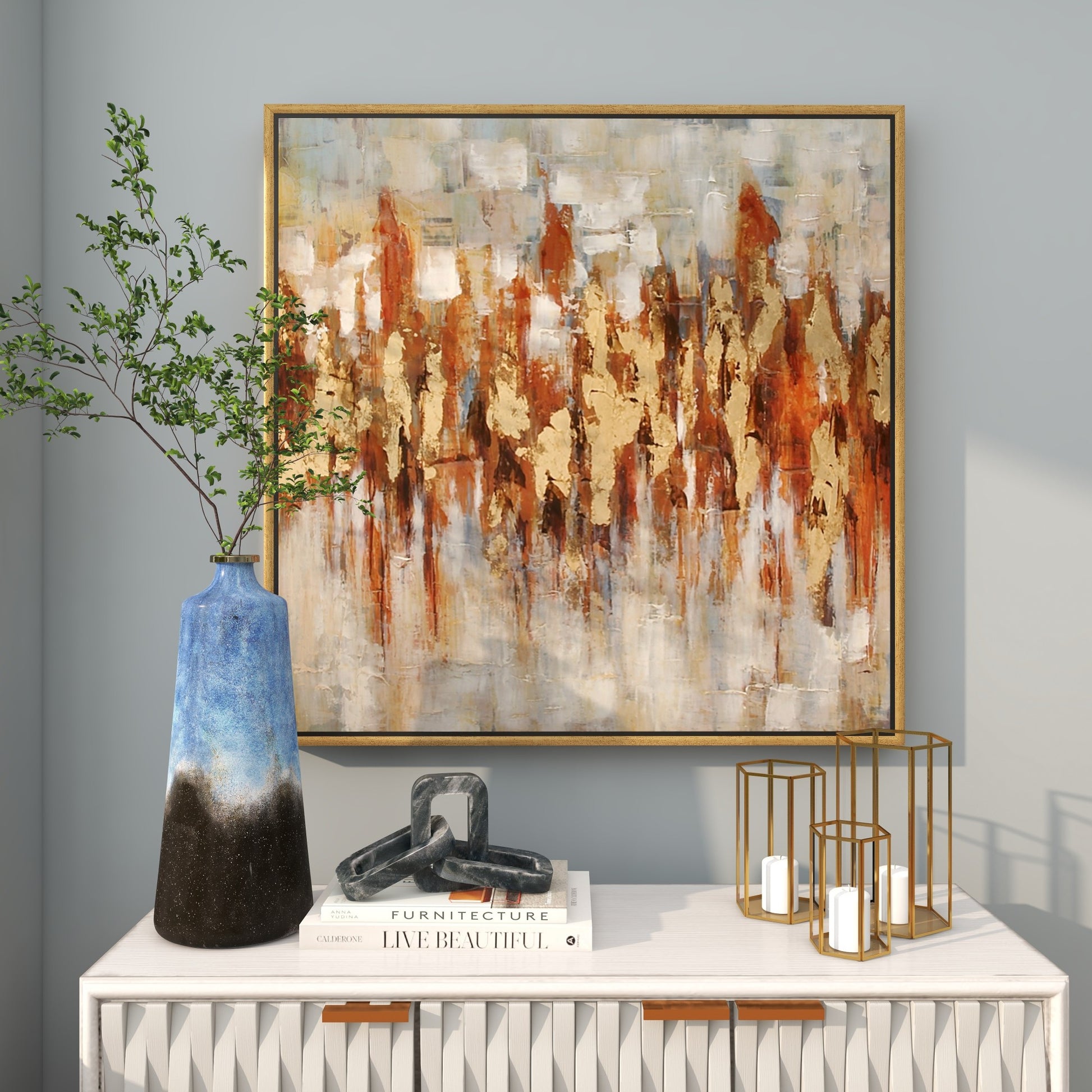Abstract Gold Canvas Living Room Framed Wall Art with Gold Frame