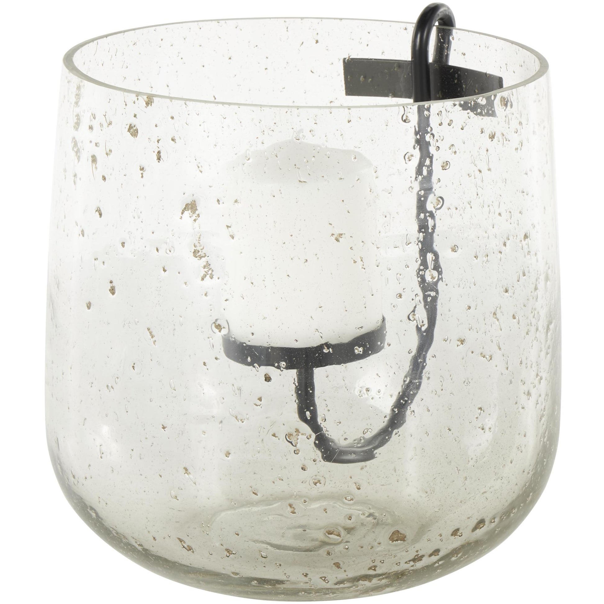Clear Glass Decorative Candle Holder with Black Metal Accents and Brown Speckles