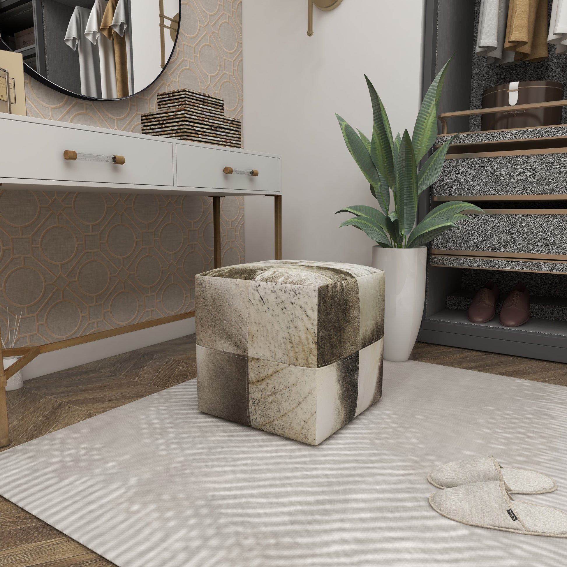 Leather Handmade Cowhide Living Room Stool with Patchwork Pattern