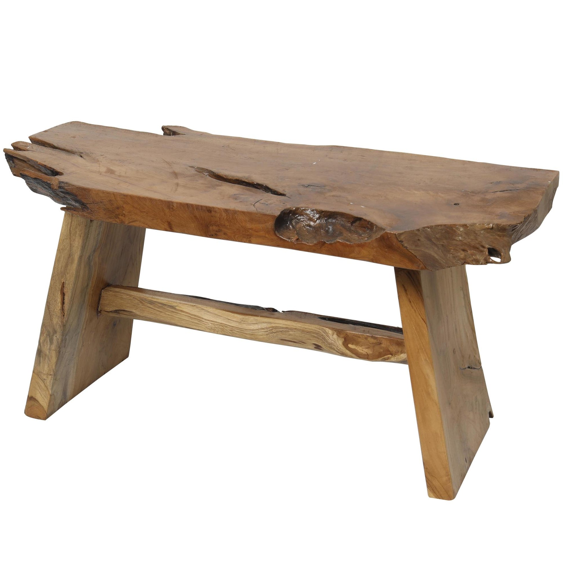 Brown Teak Wood Handmade Natural Live Edge Living Room Coffee Table with Angled Base