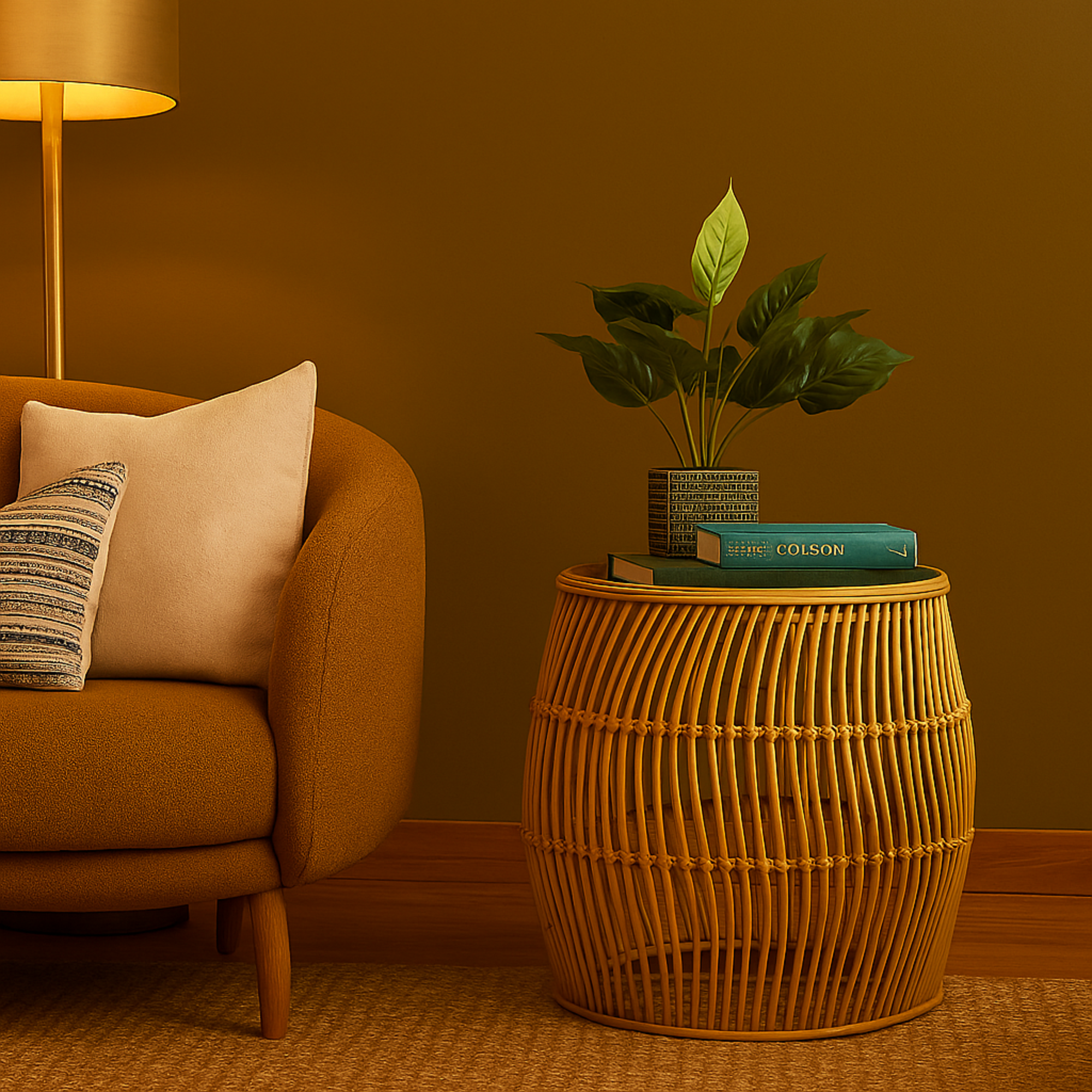 Brown Rattan Handmade Wavy Woven Side End Accent Table with Glass Top