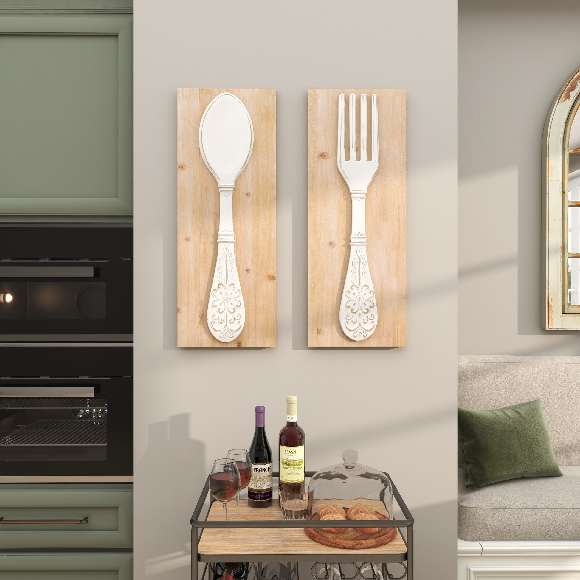 Set of 2 Utensils Brown Wooden Home Wall Decor with Carved White Floral Designs