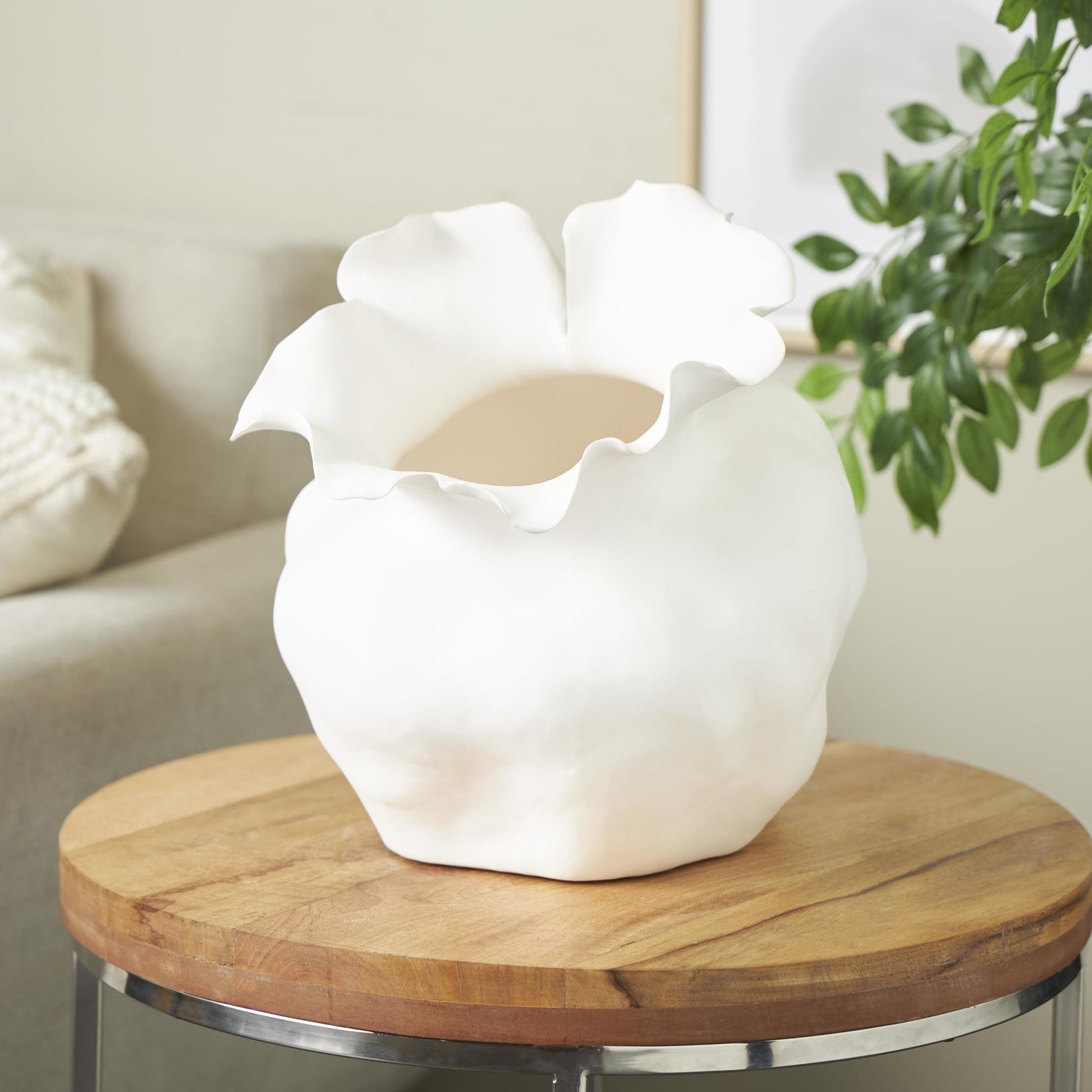 Abstract Ceramic Wide Rounded Floral Shaped Decorative Vase with Petal Rim
