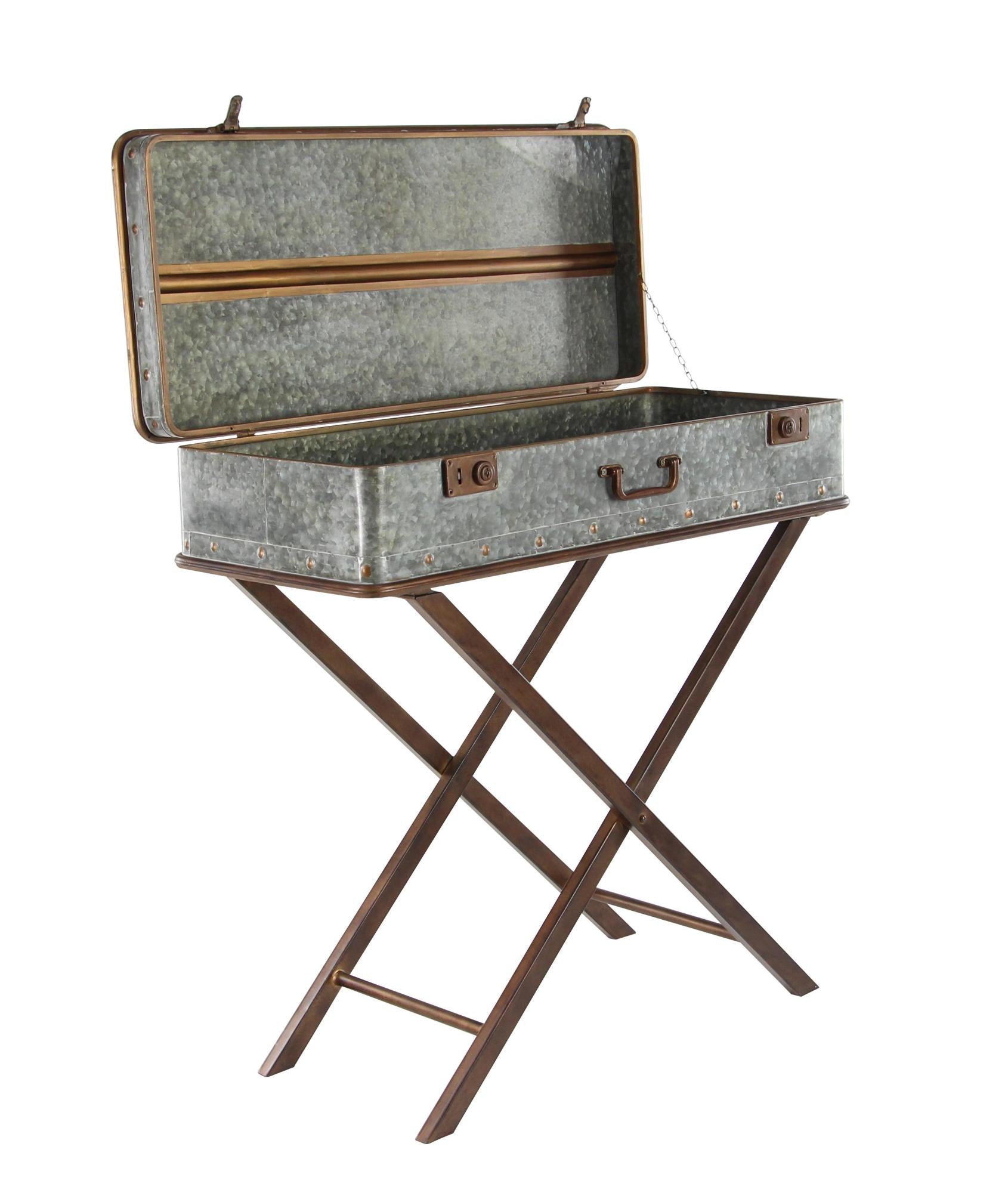 Gray Metal Side End Accent Table with Suitcase Style Top