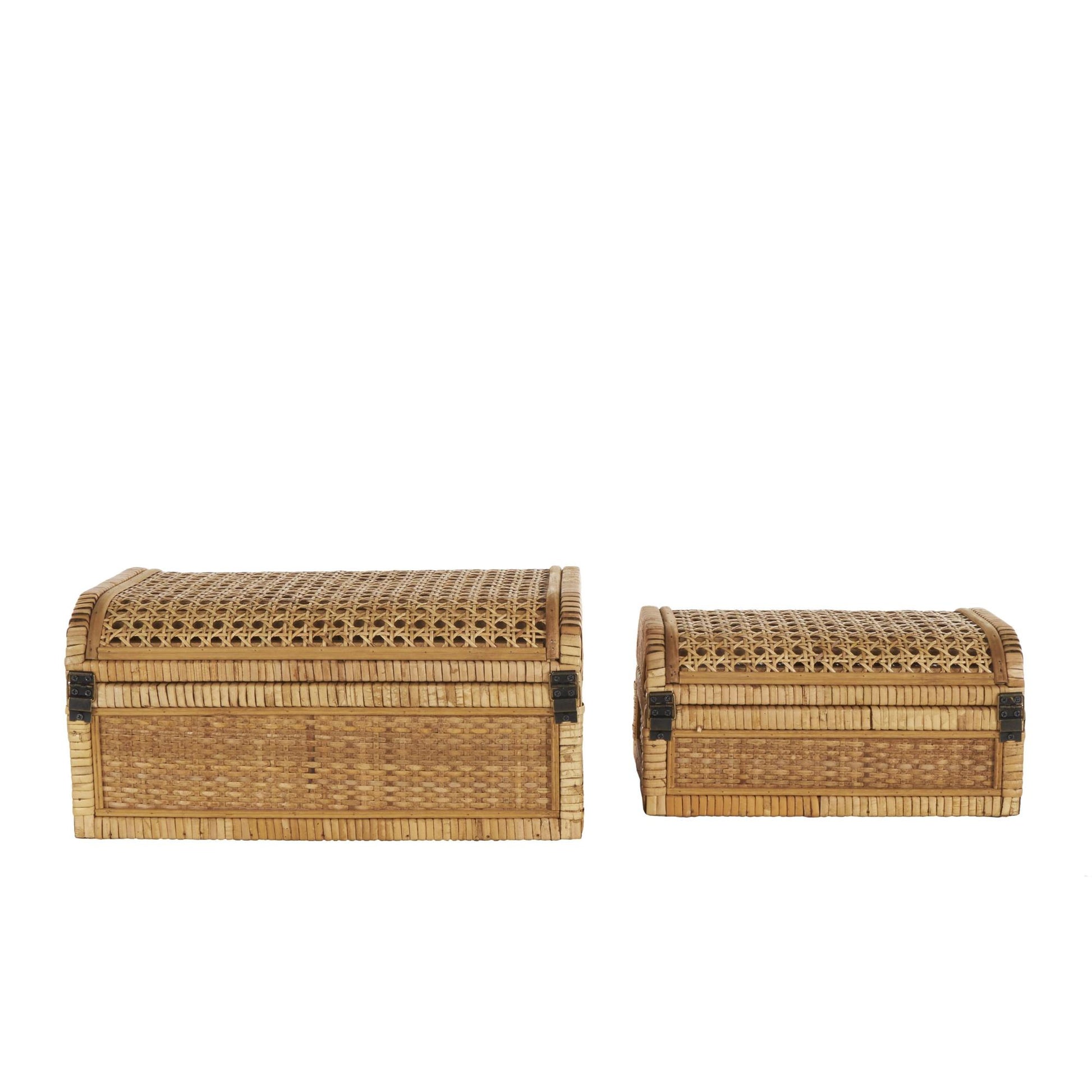 Set of 2 Brown Rattan Handmade Woven Storage Decorative Box with Curved Tops and Wrapped Edges