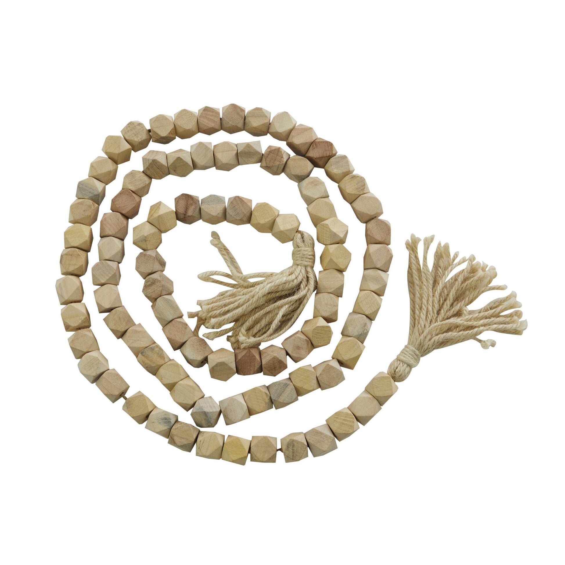 Mango Wood Handmade Hexagon Carved Geometric Long Beaded Garland with Tassel