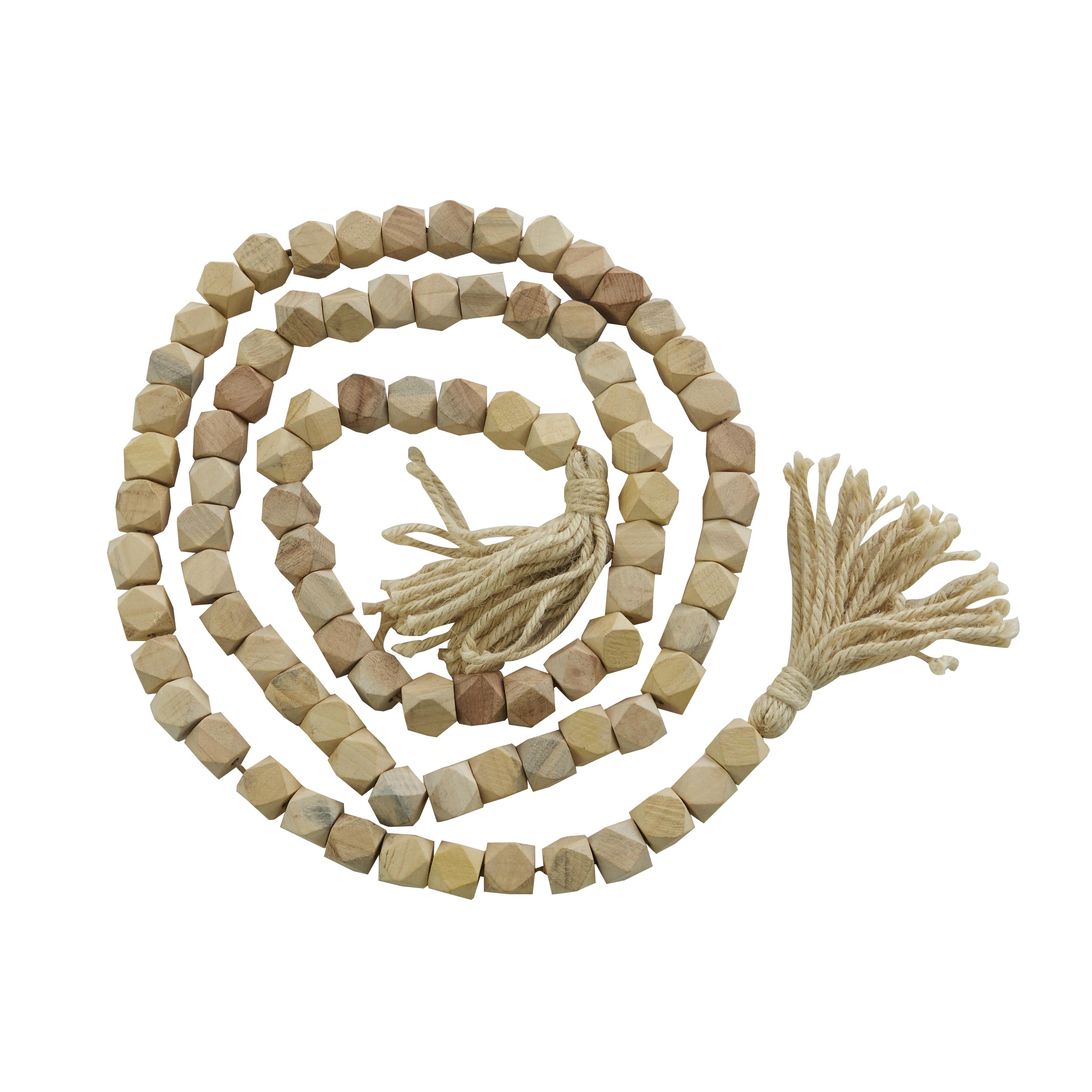Mango Wood Handmade Hexagon Carved Geometric Long Beaded Garland with Tassel