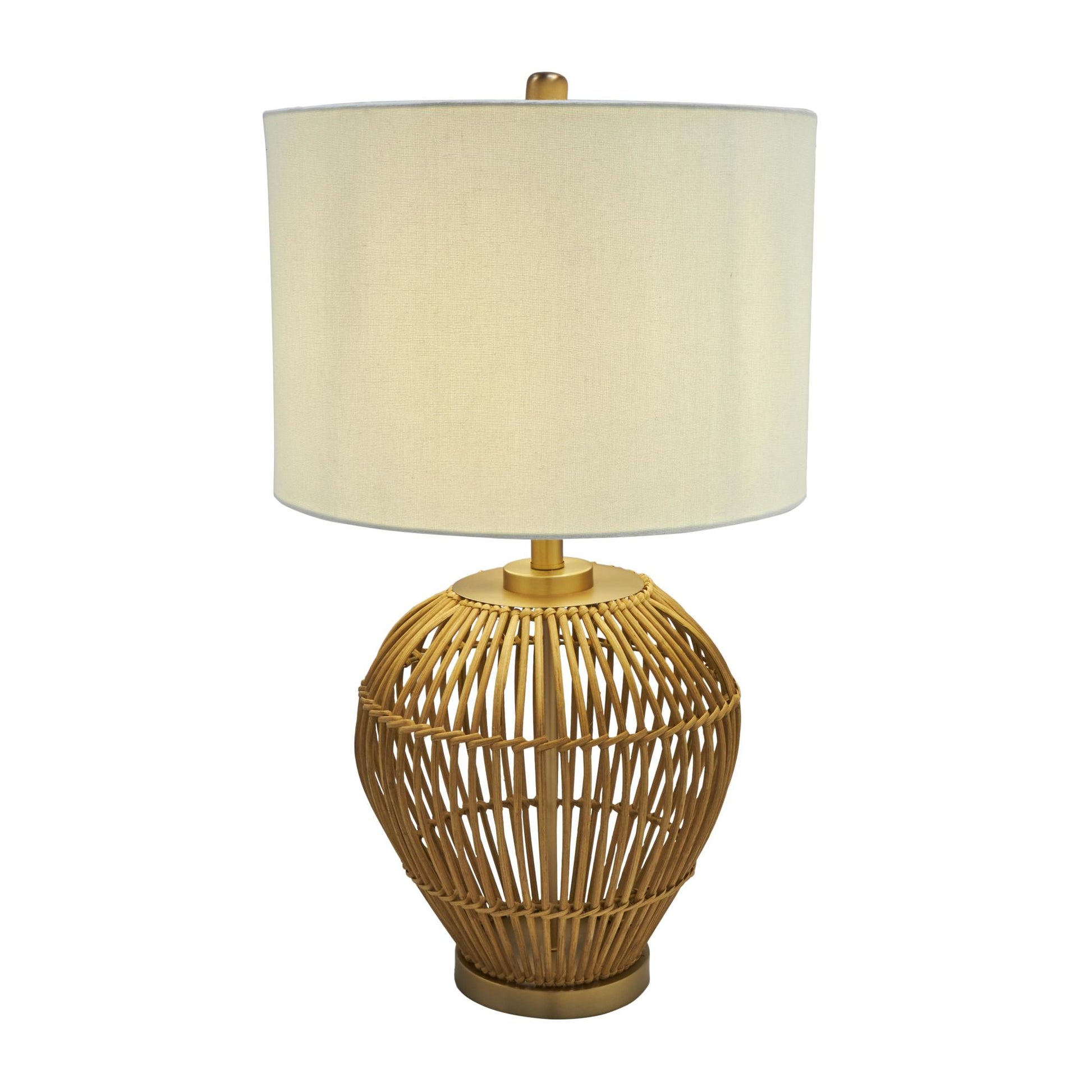 Brown Rattan Handmade Woven Open Frame Room Table Lamp with Gold Accents