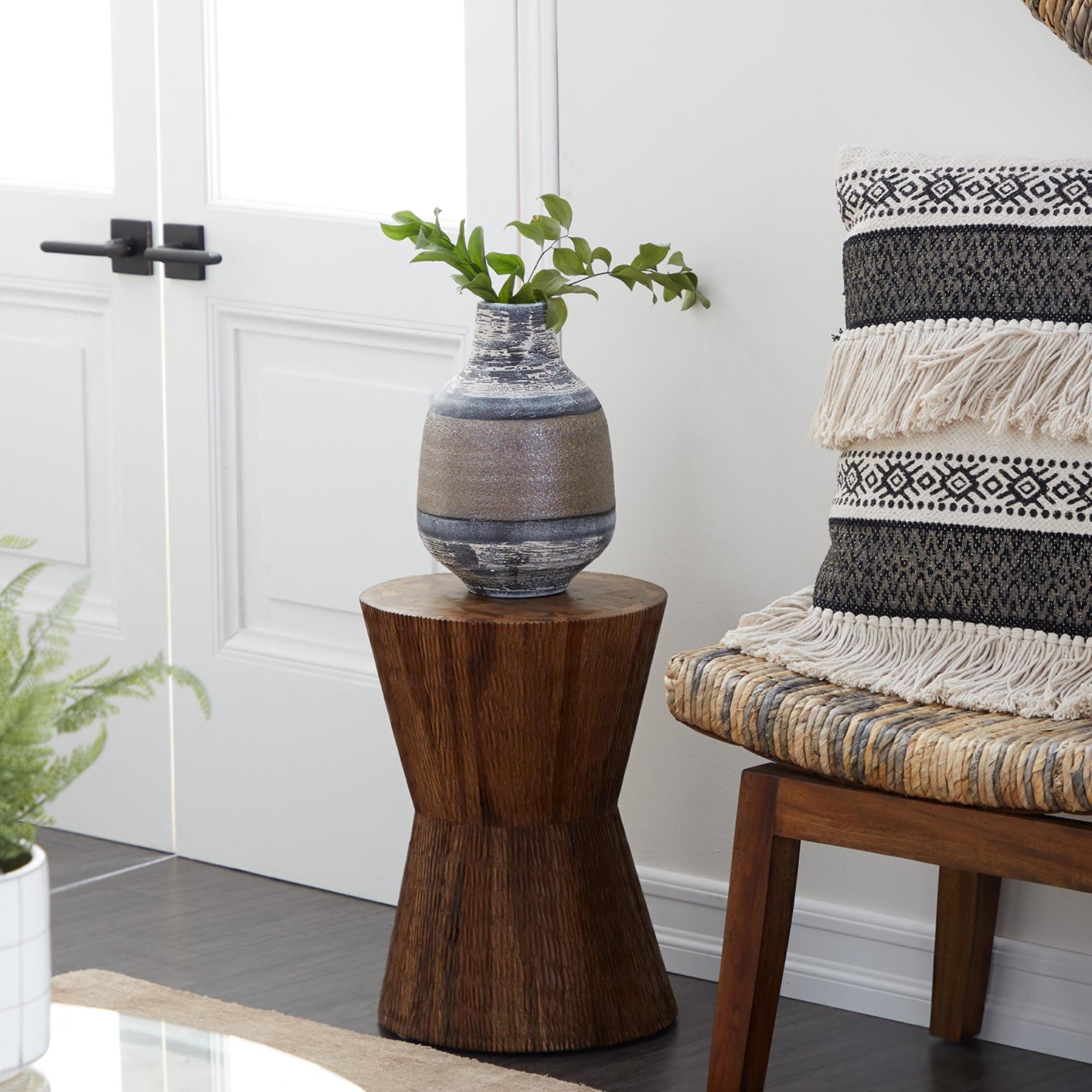 Geometric Teak Wood Handmade Hourglass Side End Accent Table with Stacked Wood Pieces