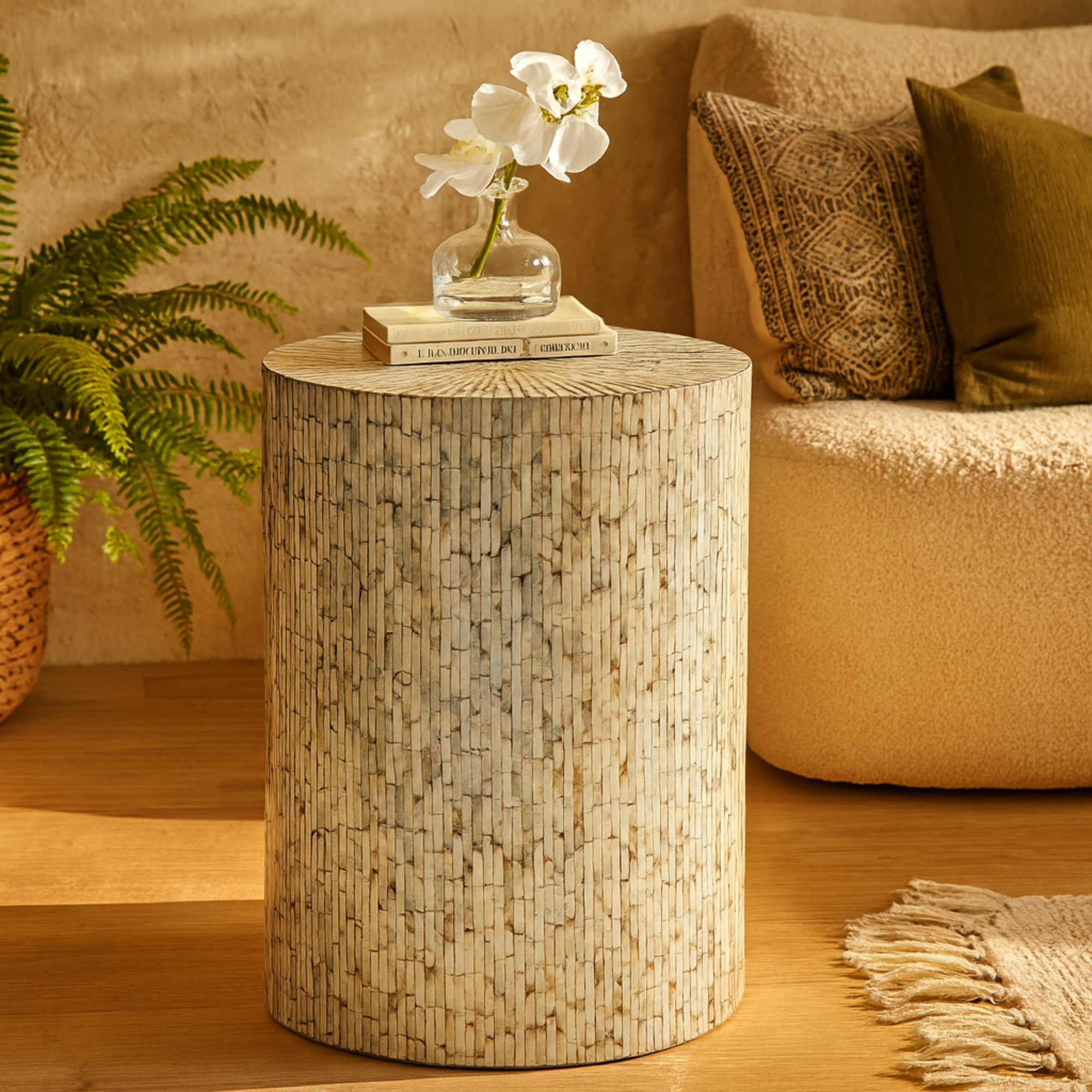 Geometric Mother of Pearl Shell Handmade Mosaic Drum Side End Accent Table 14" x 14" x 20"