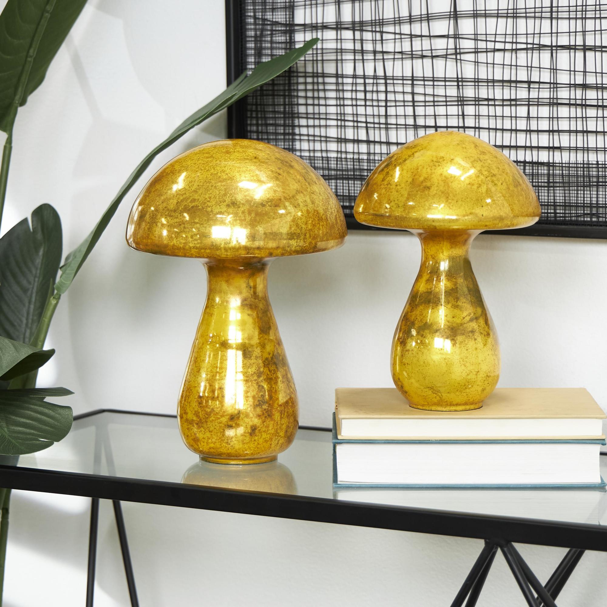 Set of 2 Mushroom Glass Handmade Glossy Weathered Decorative Sculpture