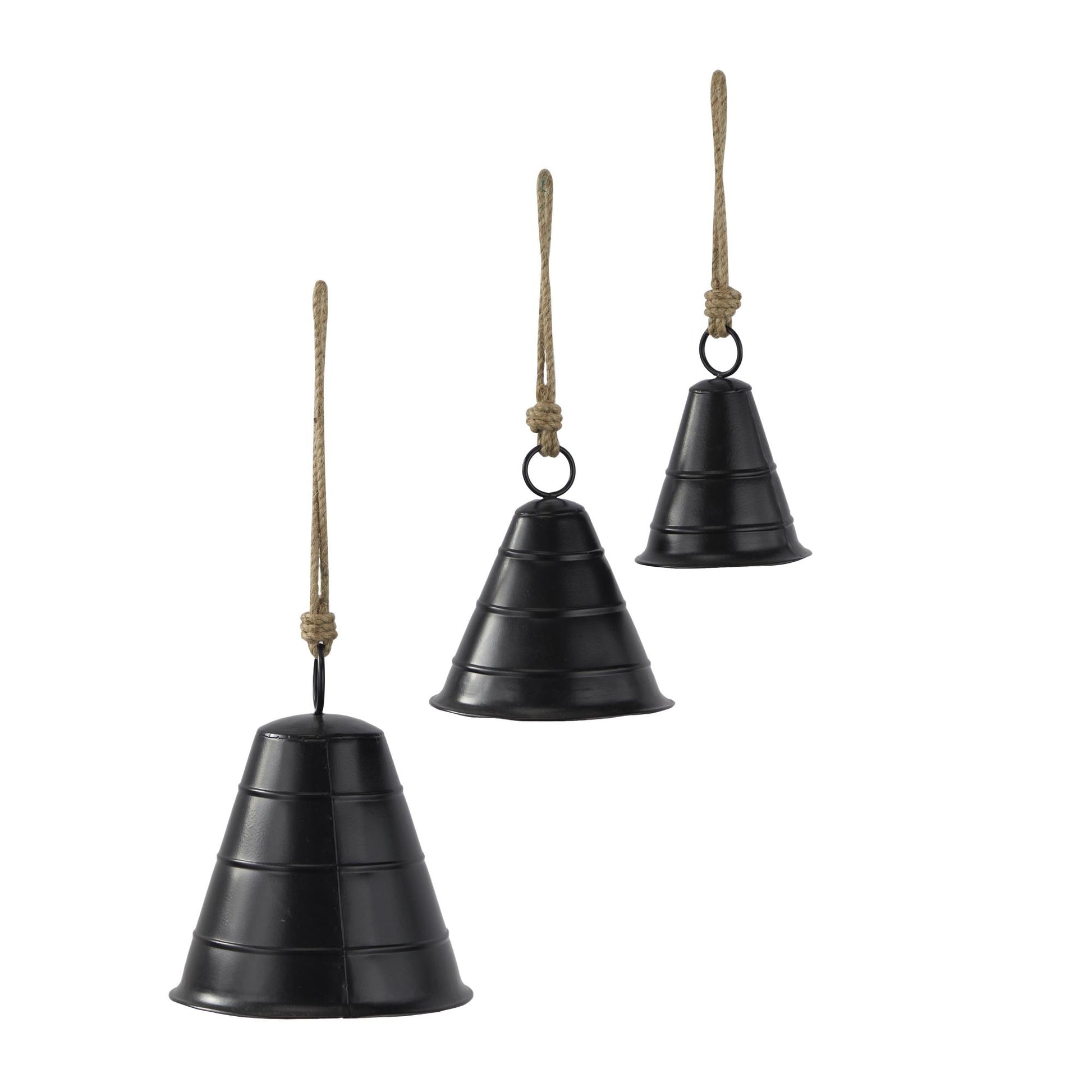 Set of 3 Metal Tibetan Inspired Indoor Outdoor Decorative Cow Bells with Jute Hanging Rope