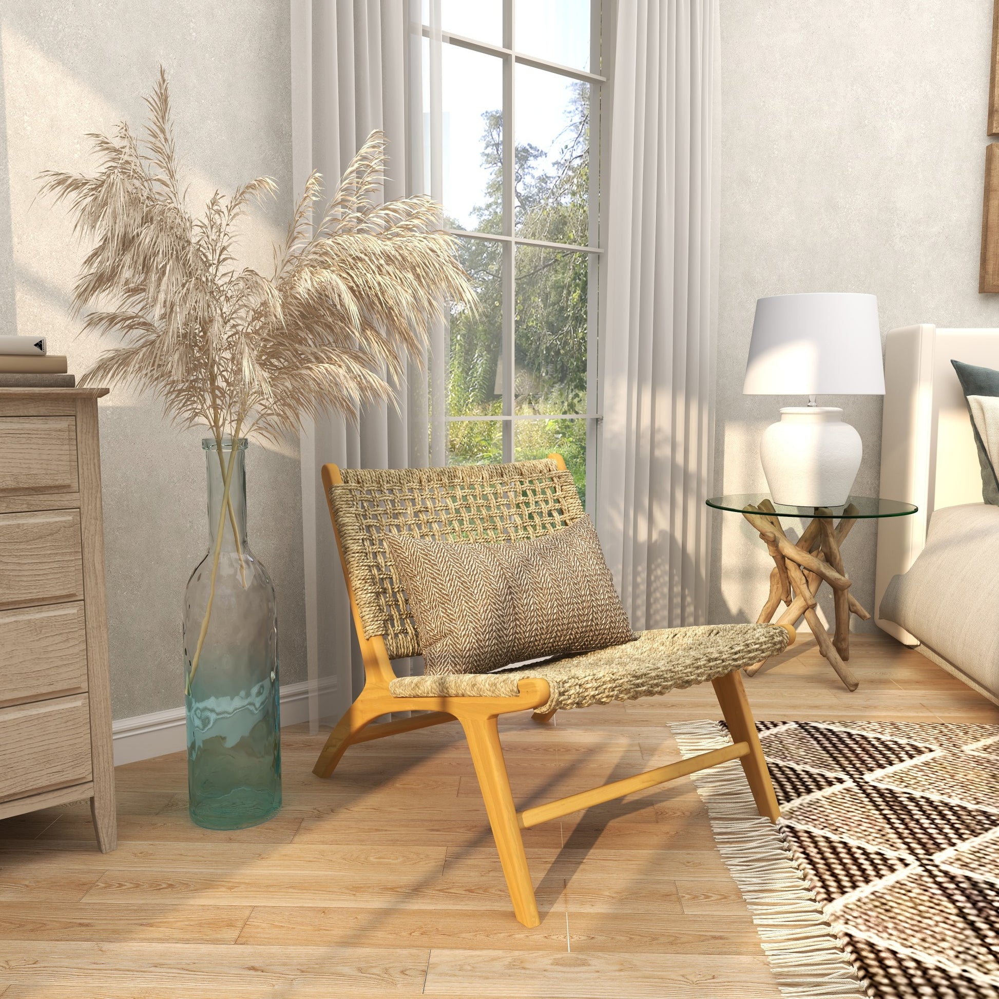 Teak Wood Handmade Woven Living Room Accent Chair with Woven Cane Seat 25" x 29" x 28"