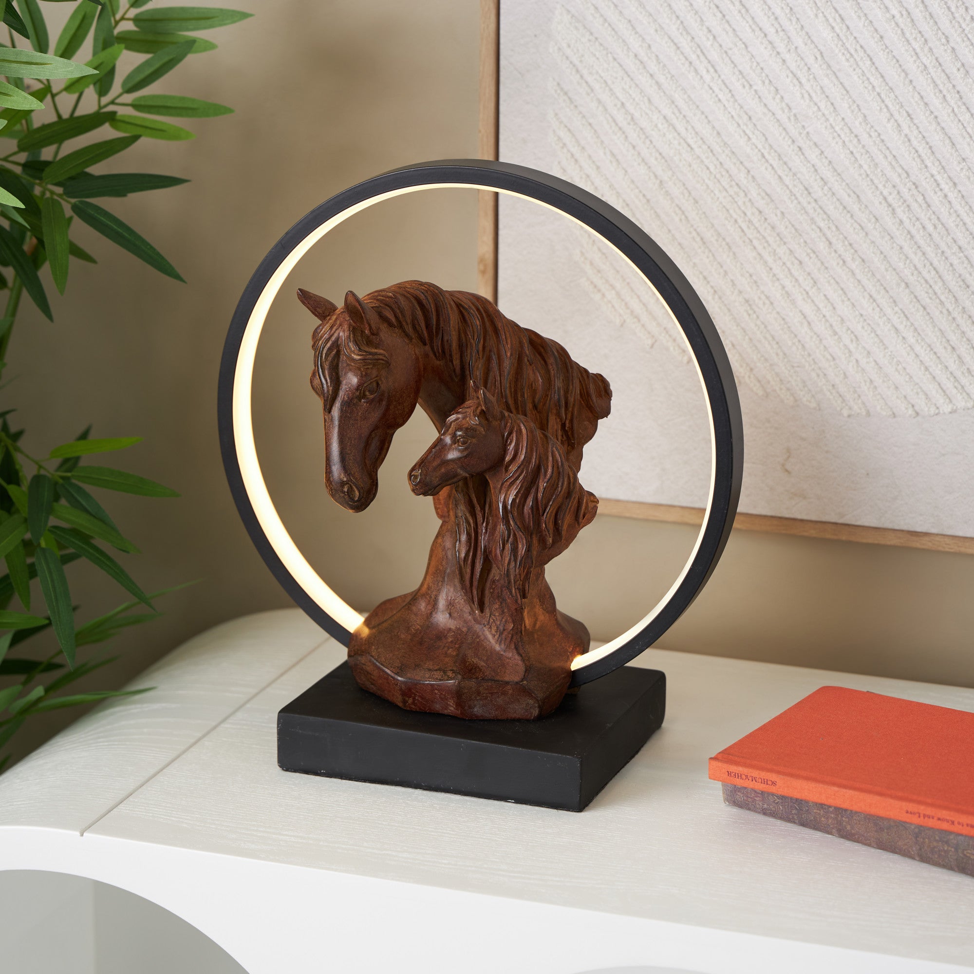 Horse Copper Polyresin Family Room Table Lamp with Circle and Square Base