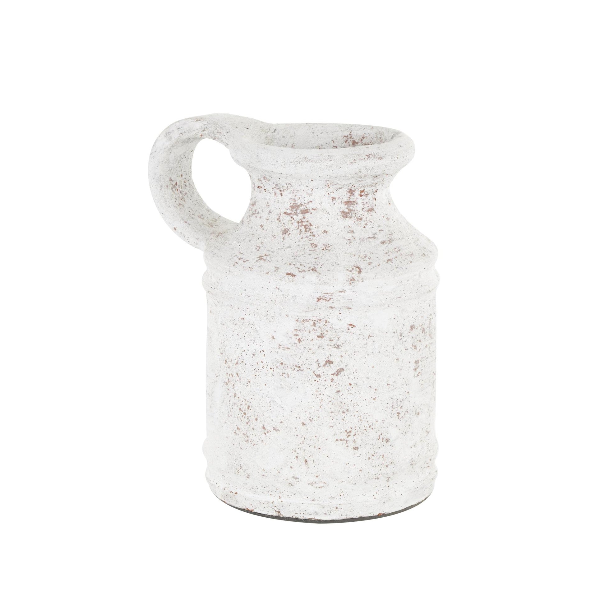 White Ceramic Antique Style Textured Decorative Vase with Terracotta Accents and Ring Handle