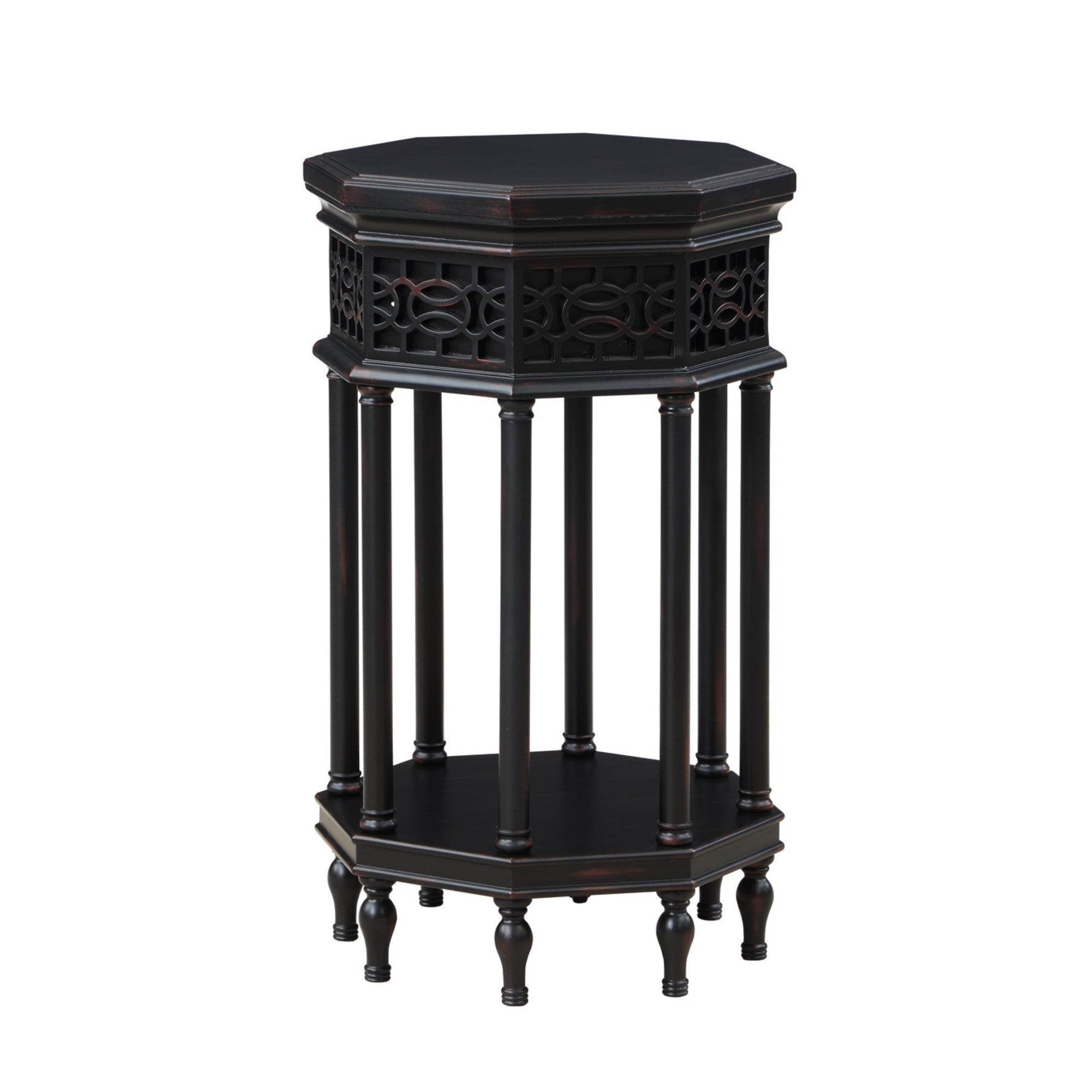 Geometric Black Wooden Octagon Side End Accent Table with Elegant Carved Pattern and 8 Turned Pillar Legs