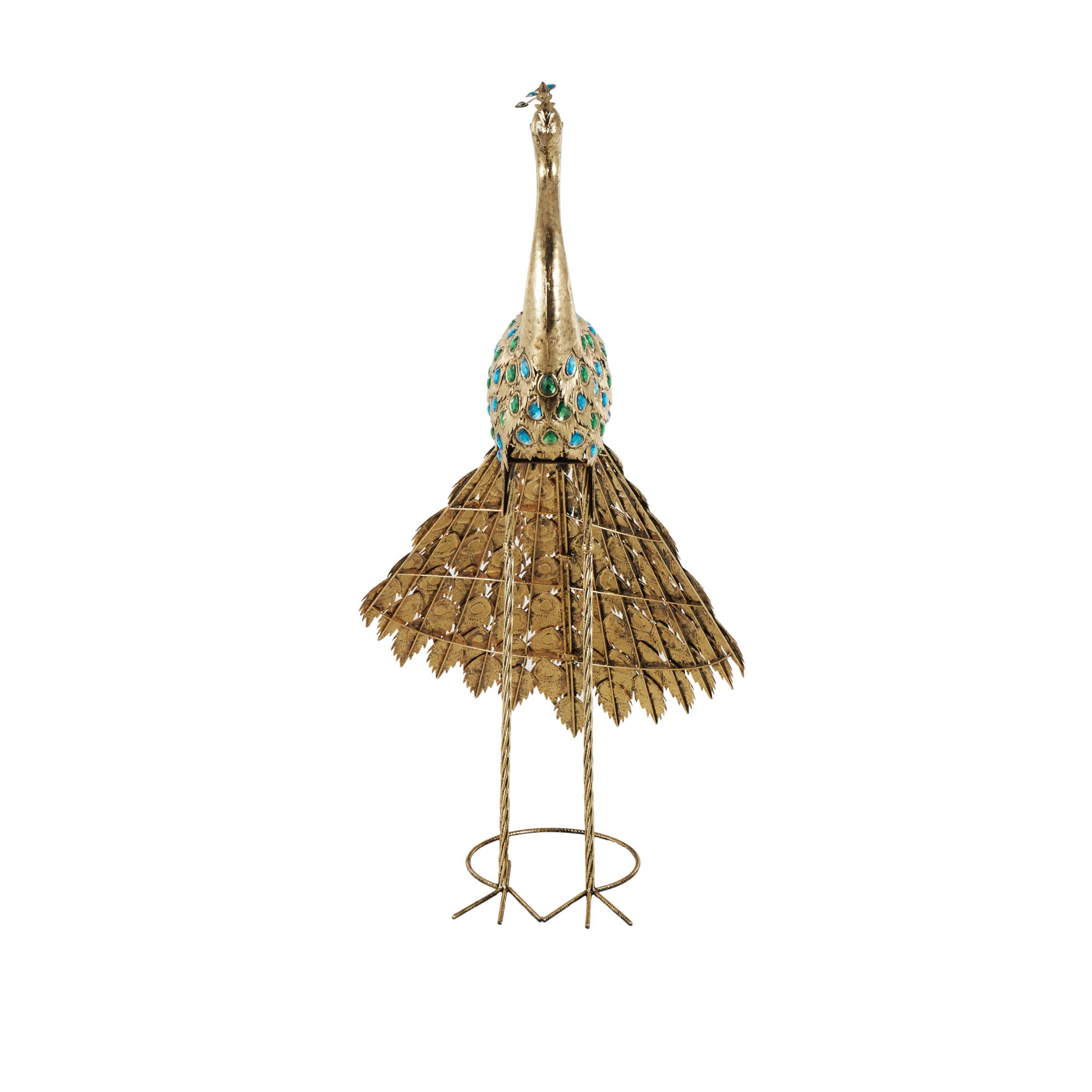 Peacock Brass Metal Decorative Garden Sculpture with Blue and Green Jewels