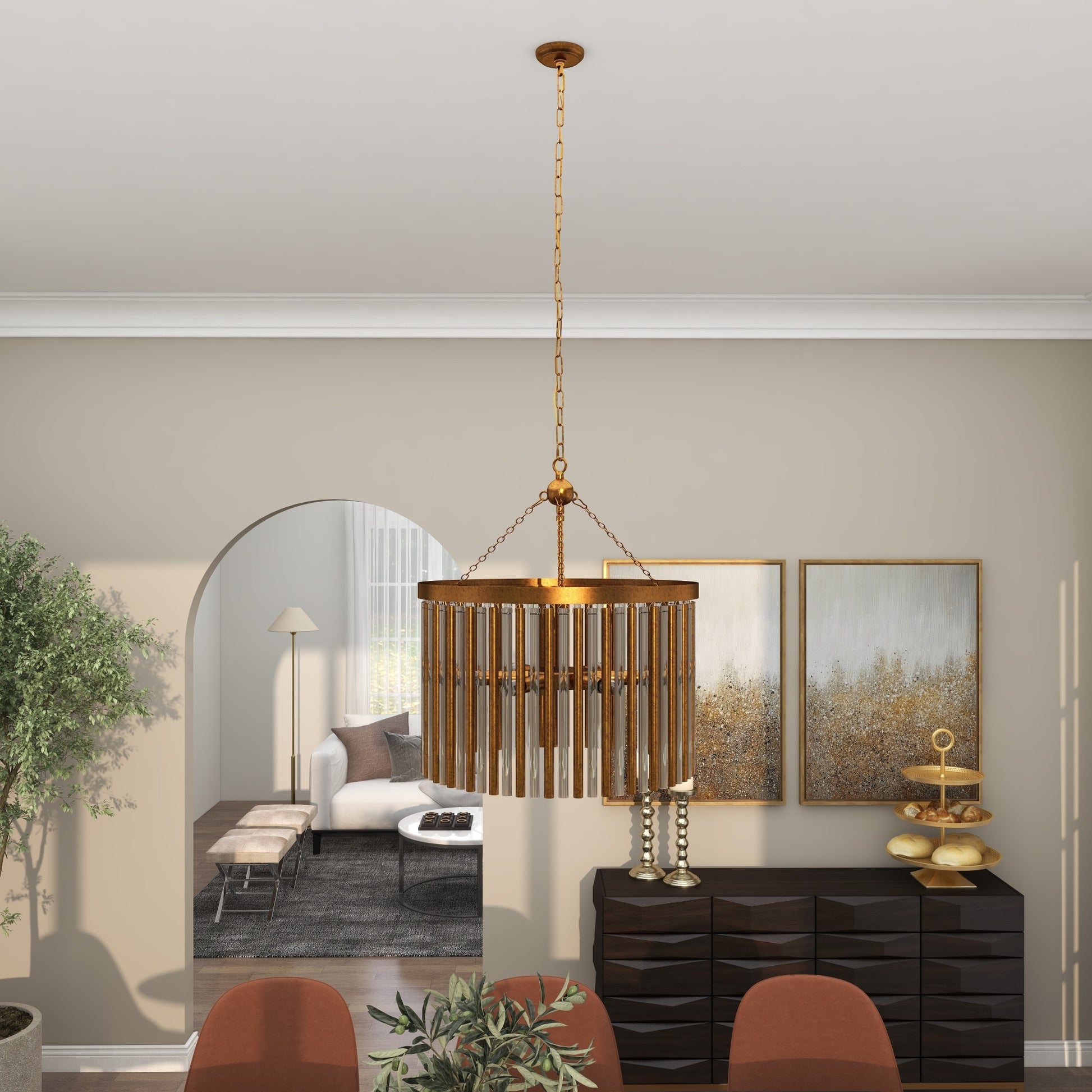 Brass Metal Crystal Rod Embellished 6 Light Room Chandelier with Link Style Chain