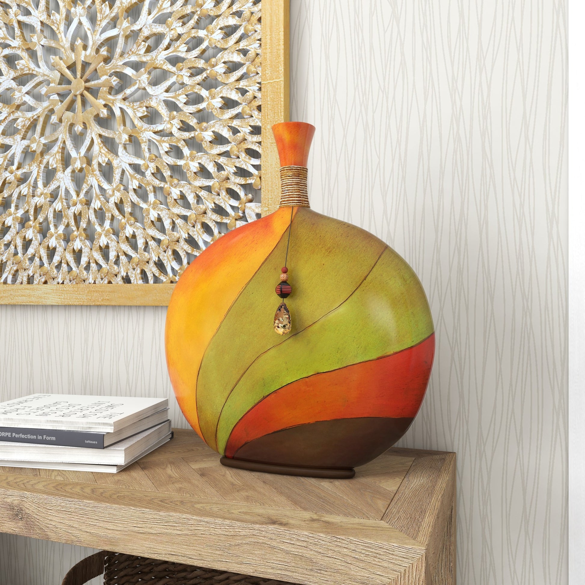 Abstract Multi Colored Polystone Decorative Vase with Wrapped Beaded Accent