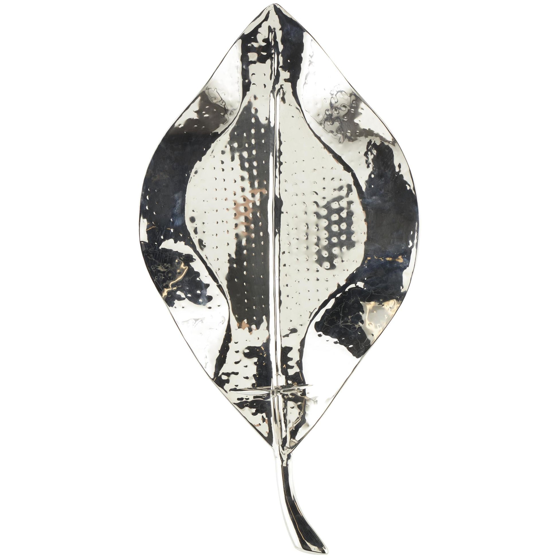 Leaf Silver Stainless Steel Metal Slim Single Candle Indoor Outdoor Wall Sconce with Hammered Design