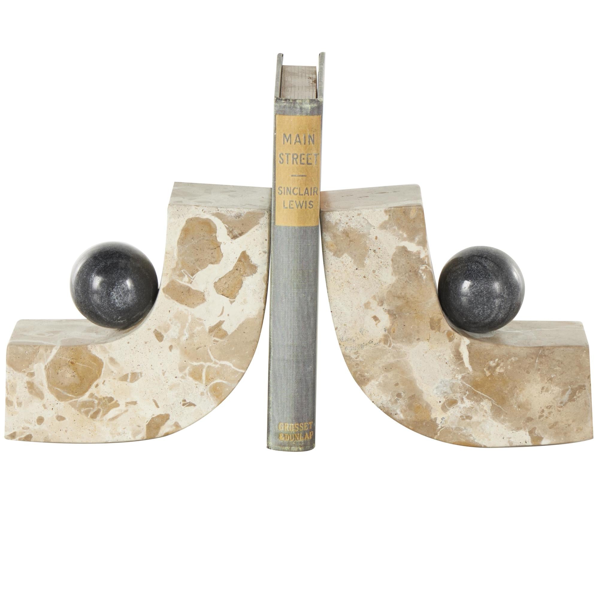 Set of 2 Brown Marble Arched Curved Decorative Bookends with Black Orbs