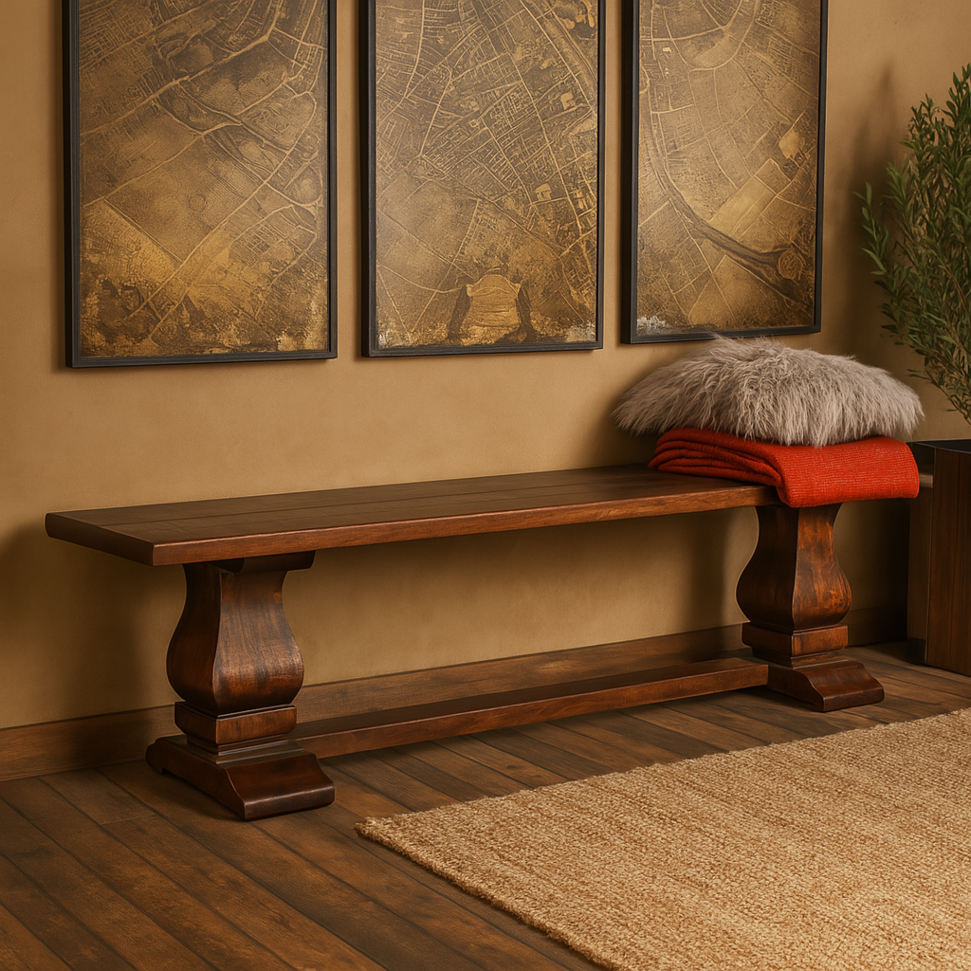 Brown Mango Wood Turned Home Bench with Parquet Inlay