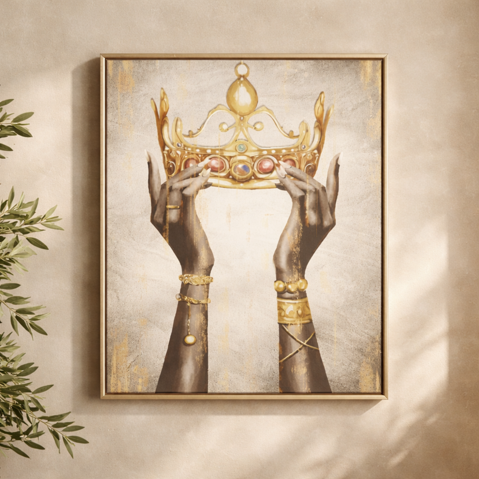Crown Gold Canvas Living Room Framed Wall Art with Shaded Hands and Metallic Foil Accents