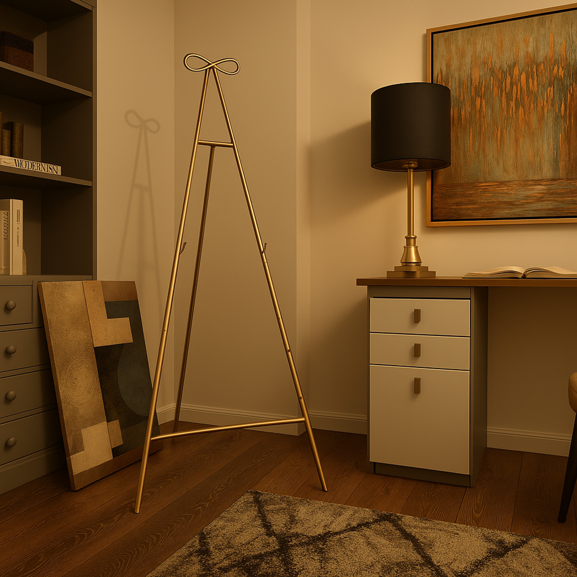 Gold Metal Tall Adjustable Floor 3 Tier Display Easel with Bow Top