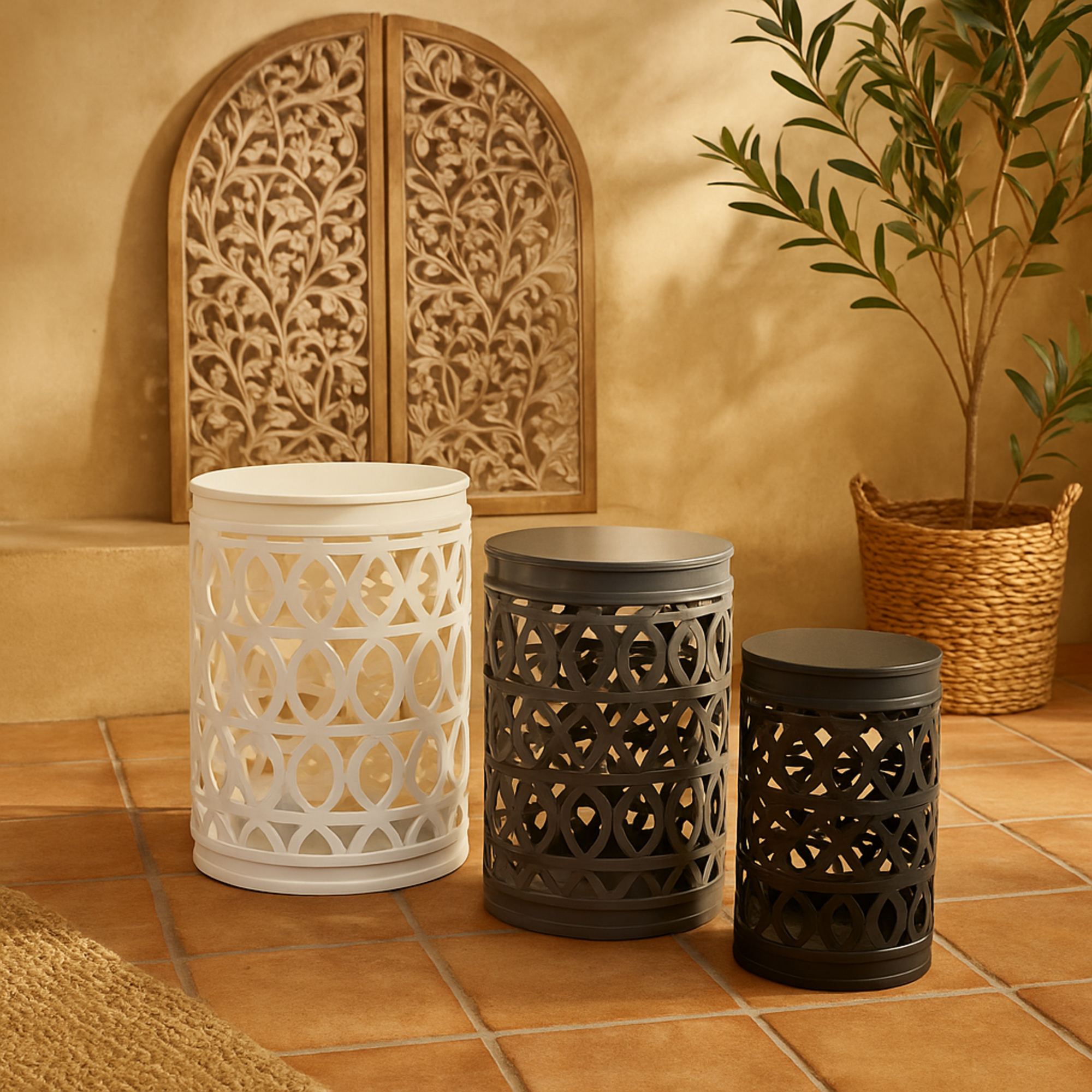 Set of 3 Metal Indoor Outdoor Nesting Side End Accent Table with Carved Trellis Design Set of 3 22", 18", 15"H