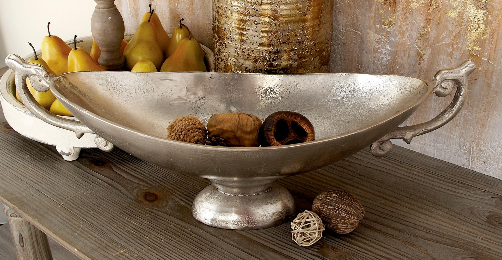 Silver Aluminum Metal Large Decorative Bowl with Handles