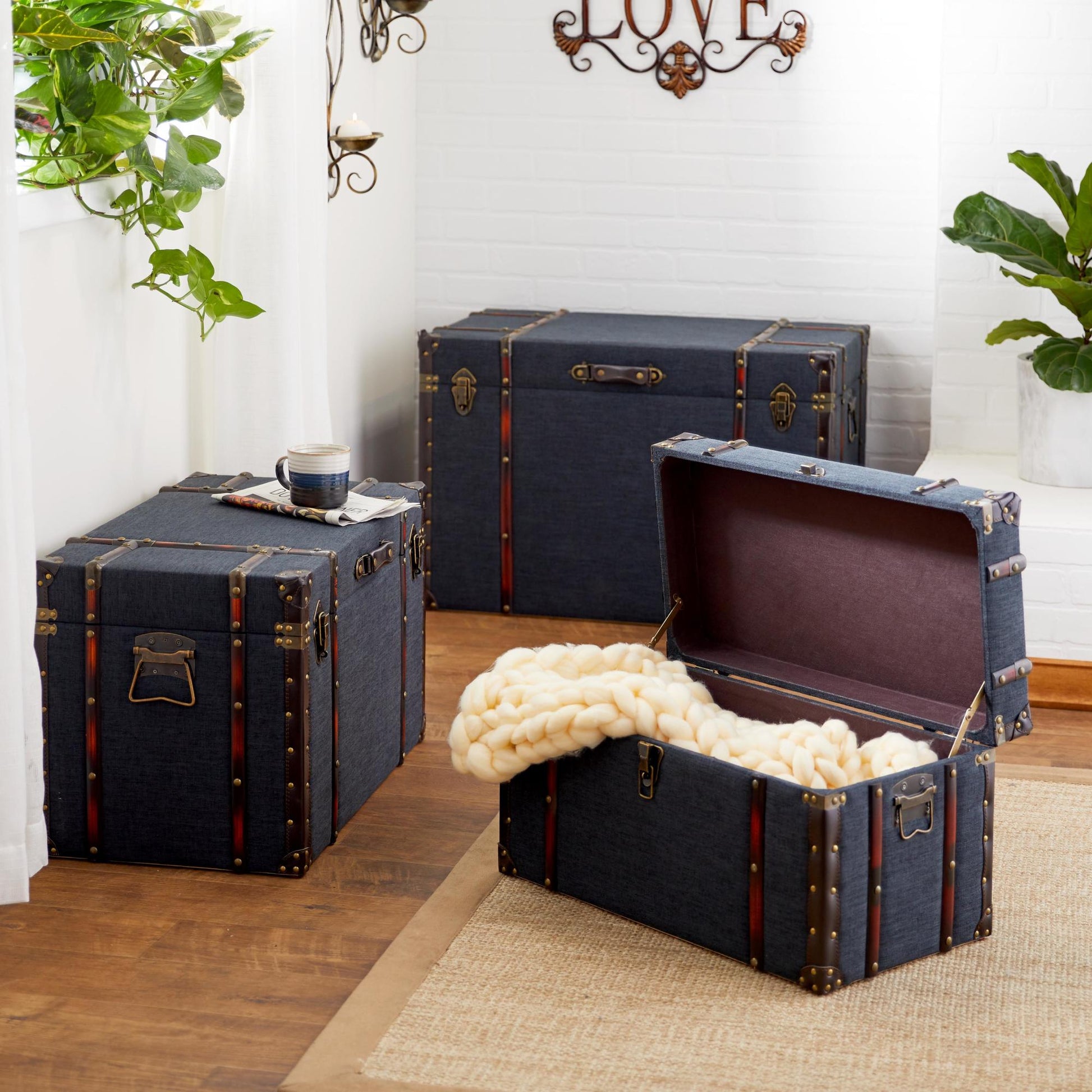 Set of 3 Blue Linen Fabric Nesting Upholstered Decorative Trunk with Buckle Hinged Top