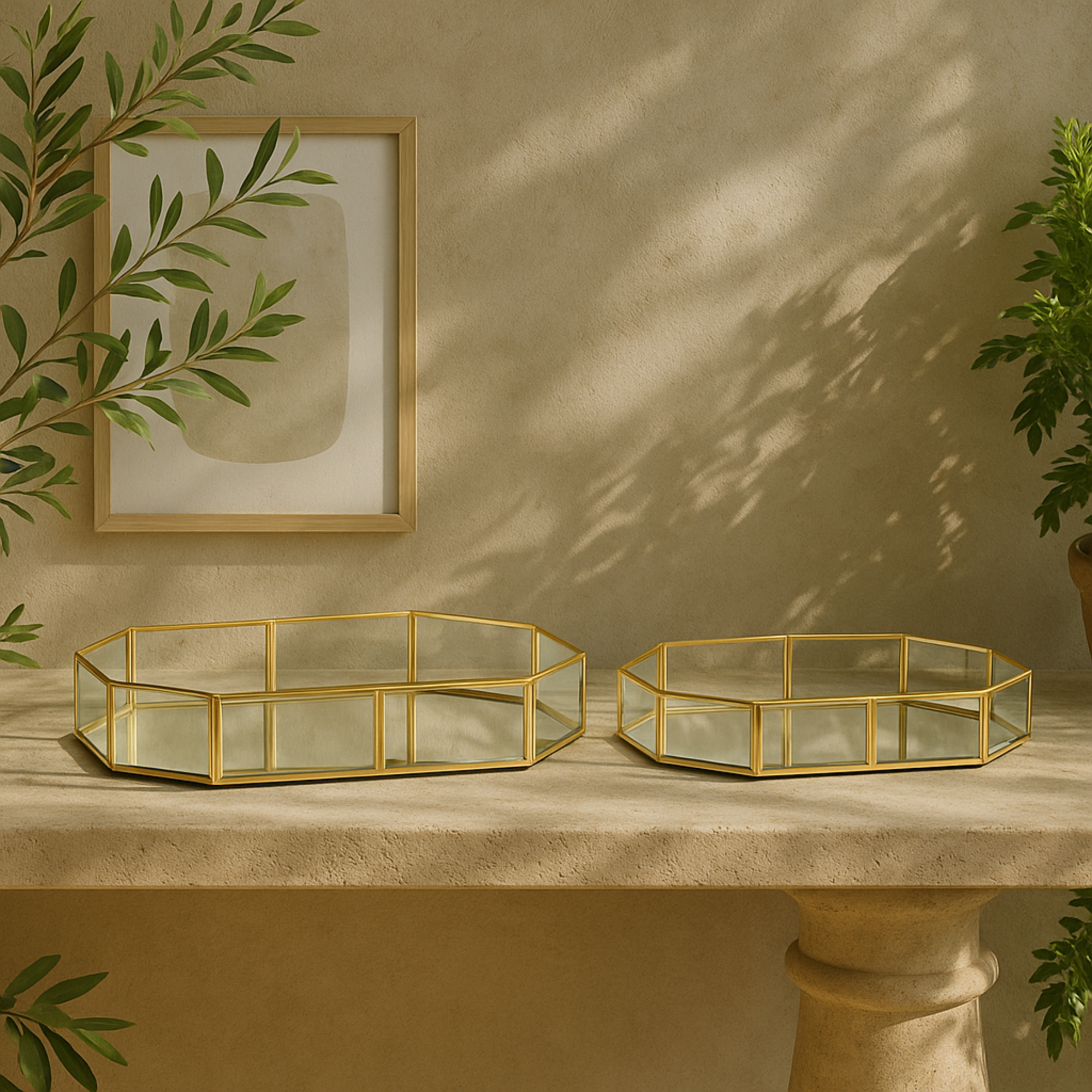 Set of 2 Clear Glass Beveled Wide Octagon Decorative Jewelry Box with Gold Metal Frame