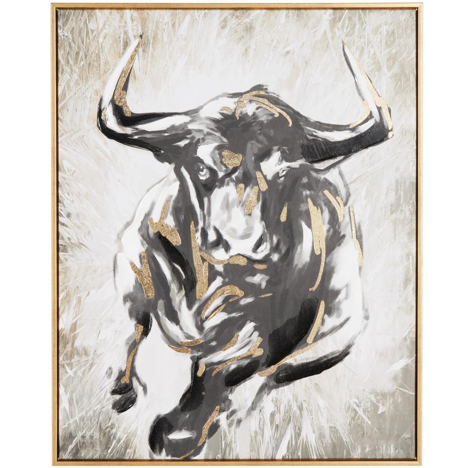 Bull Gold Canvas Shaded Running Living Room Framed Wall Art with Cream and Gold Foil Accents