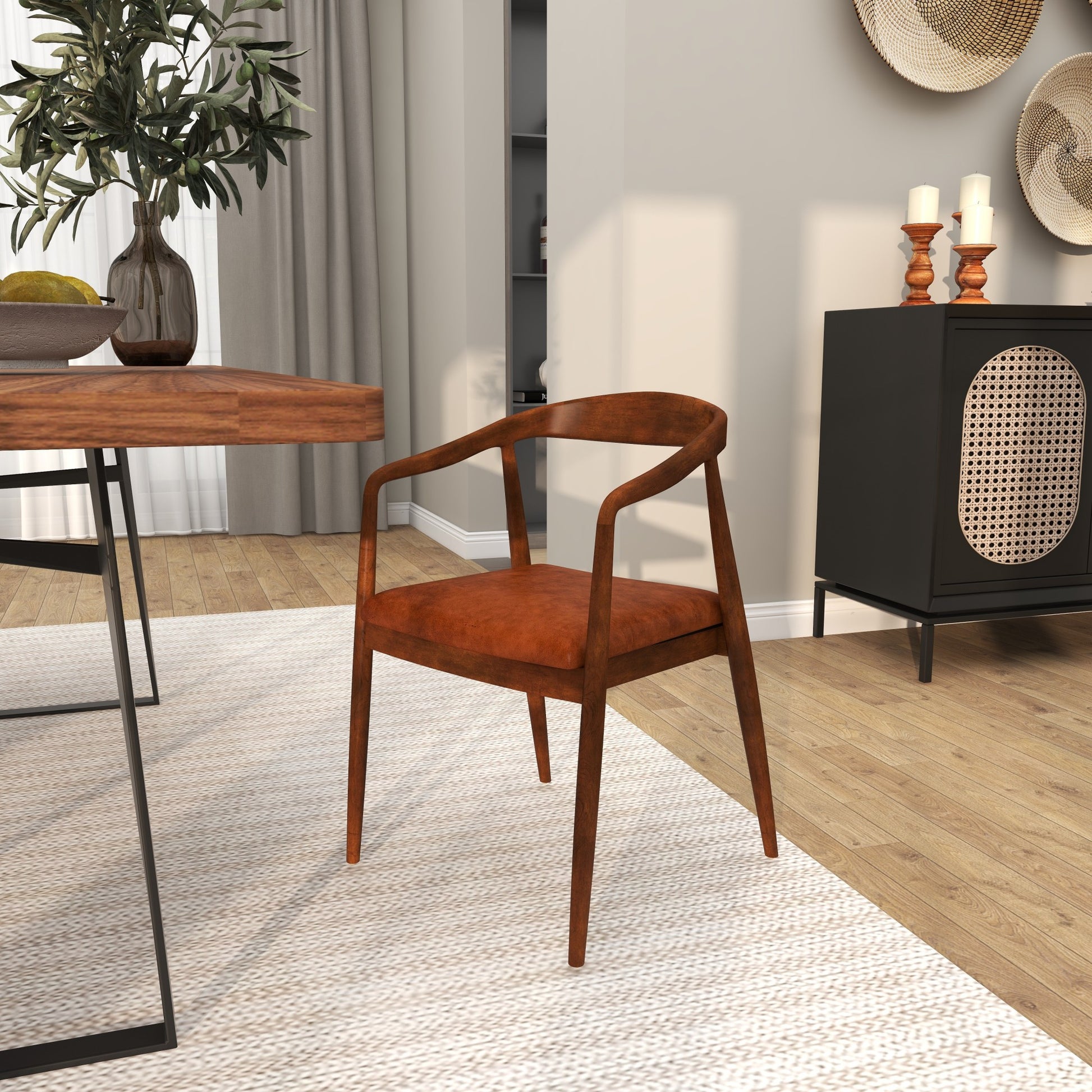 Brown Teak Wood Handmade Kitchen Dining Chair with Leather Cushion