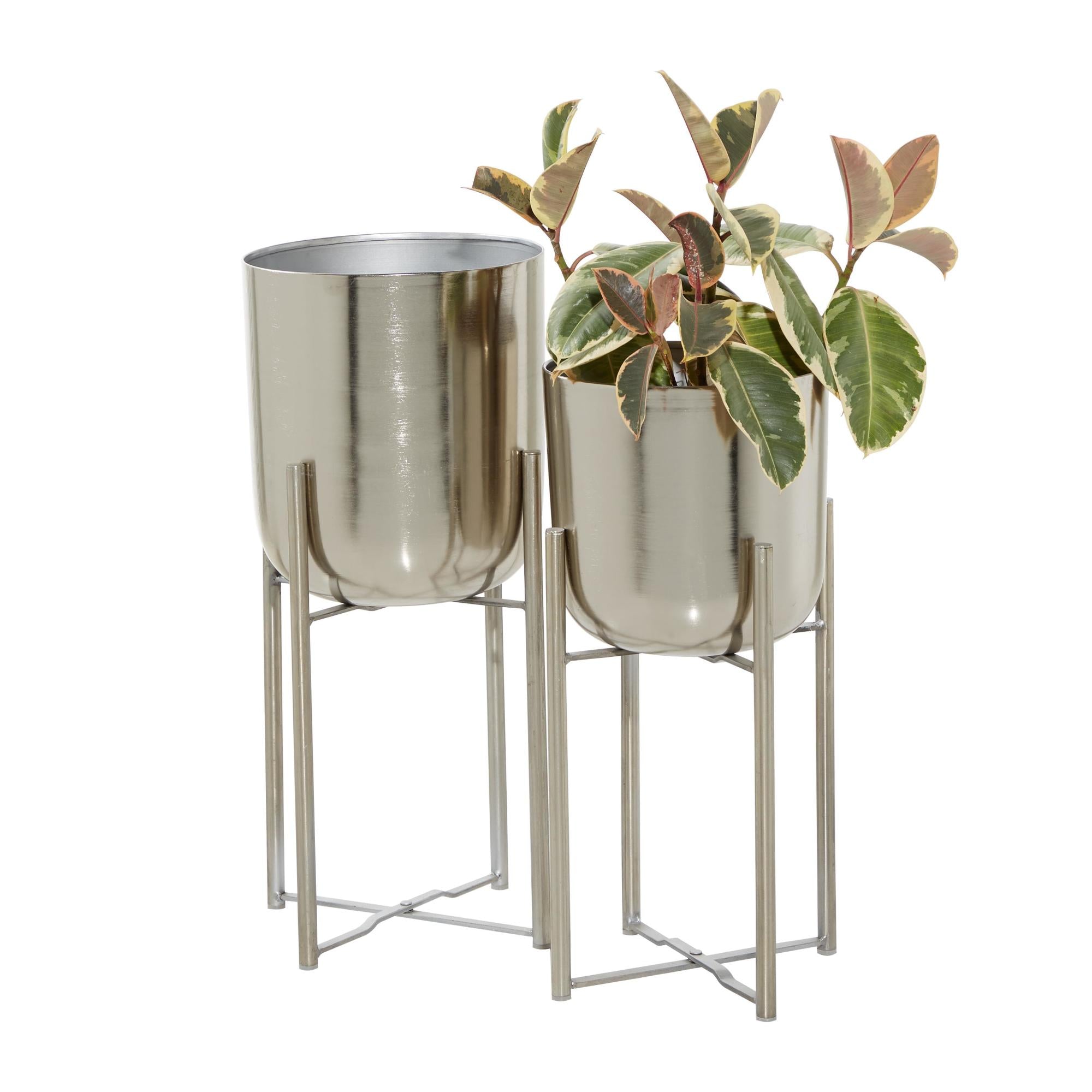 Set of 2 Metal Deep Recessed Dome Indoor Outdoor Planter with Removable Stand Set of 2 19", 22"H