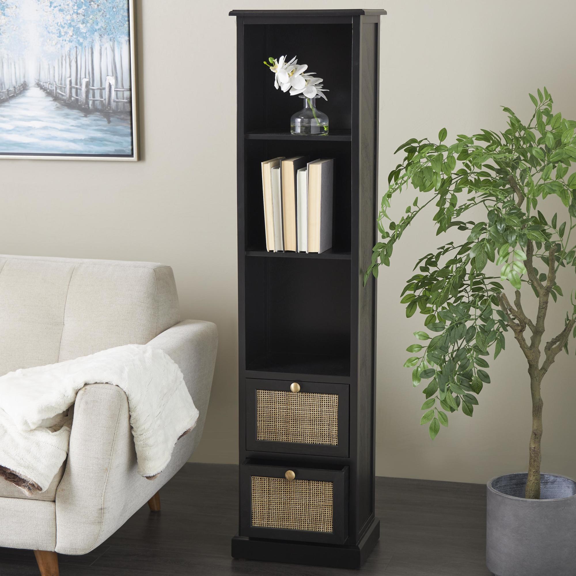 Black Wood 2 Drawer and 3 Shelf Room Cabinet with Rattan Front