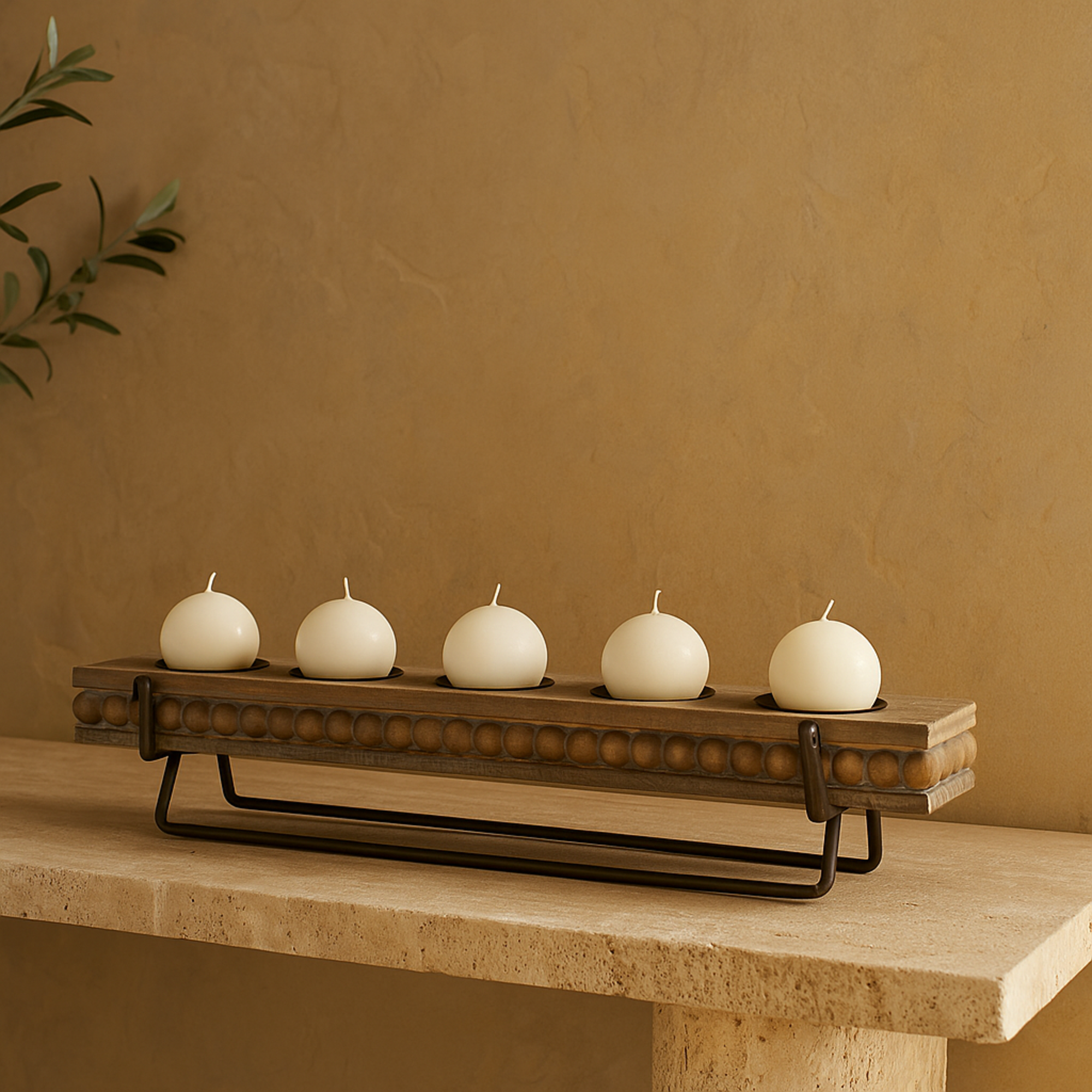 Brown Wooden Pillar 5 Plate Decorative Candelabra