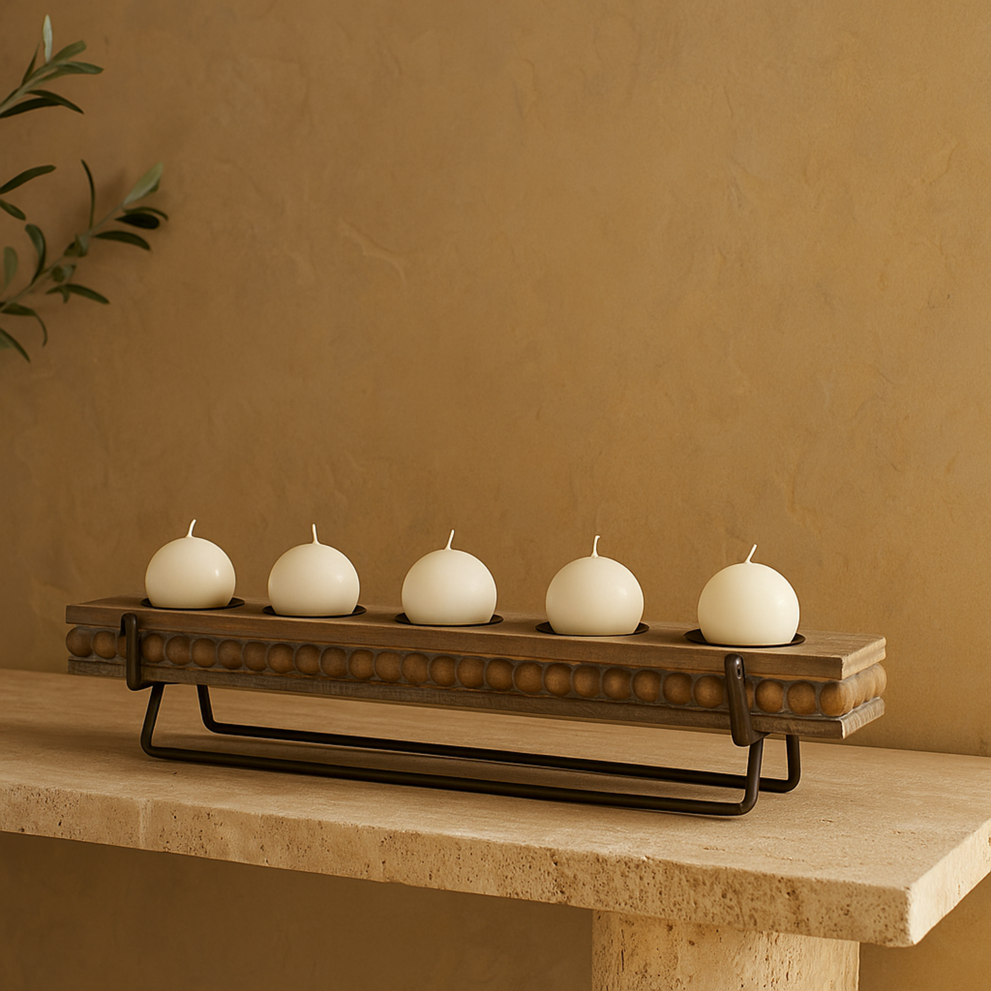 Brown Wooden Pillar 5 Plate Decorative Candelabra