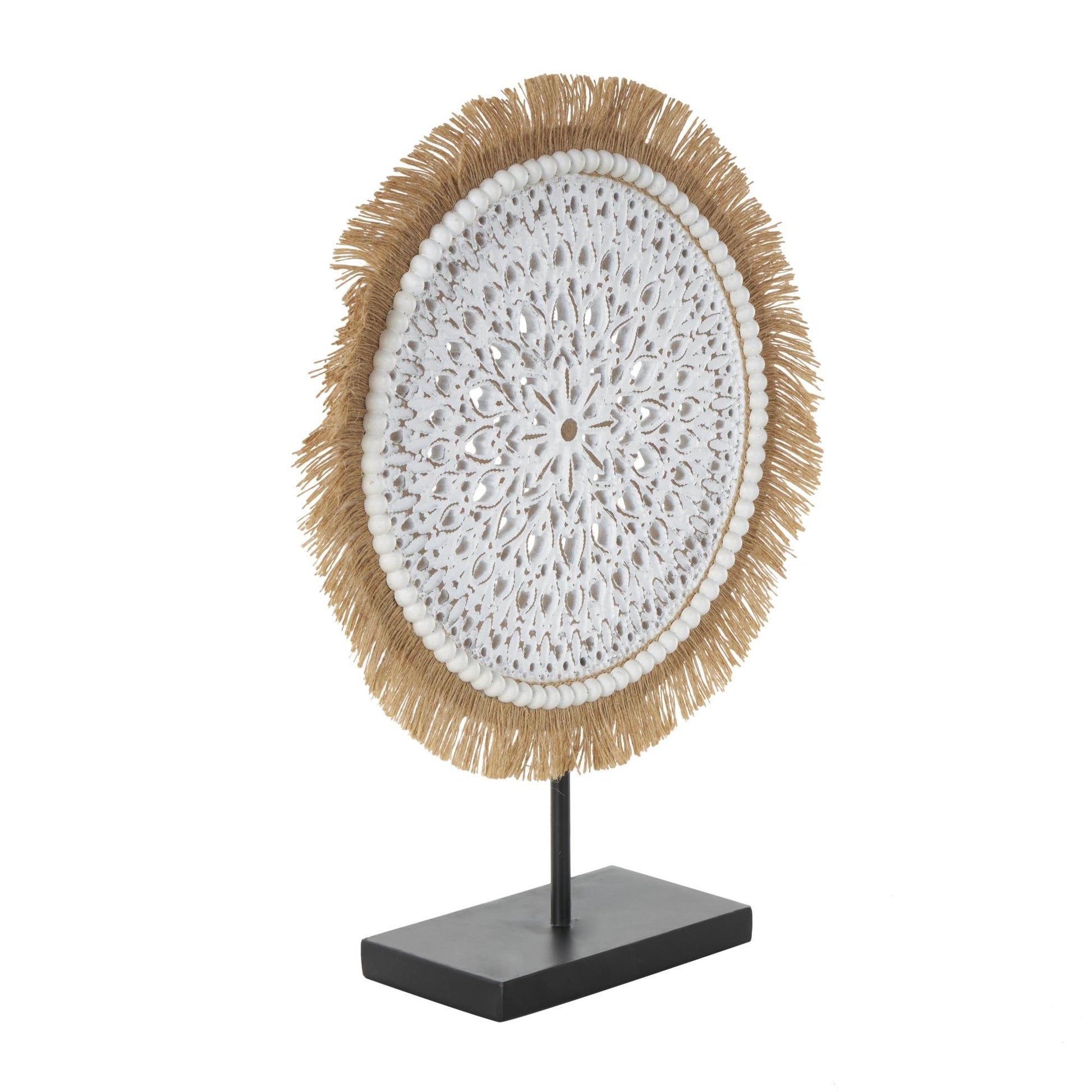 Tribal Wooden Handmade Seagrass Fringed Decorative Sculpture with Black Base