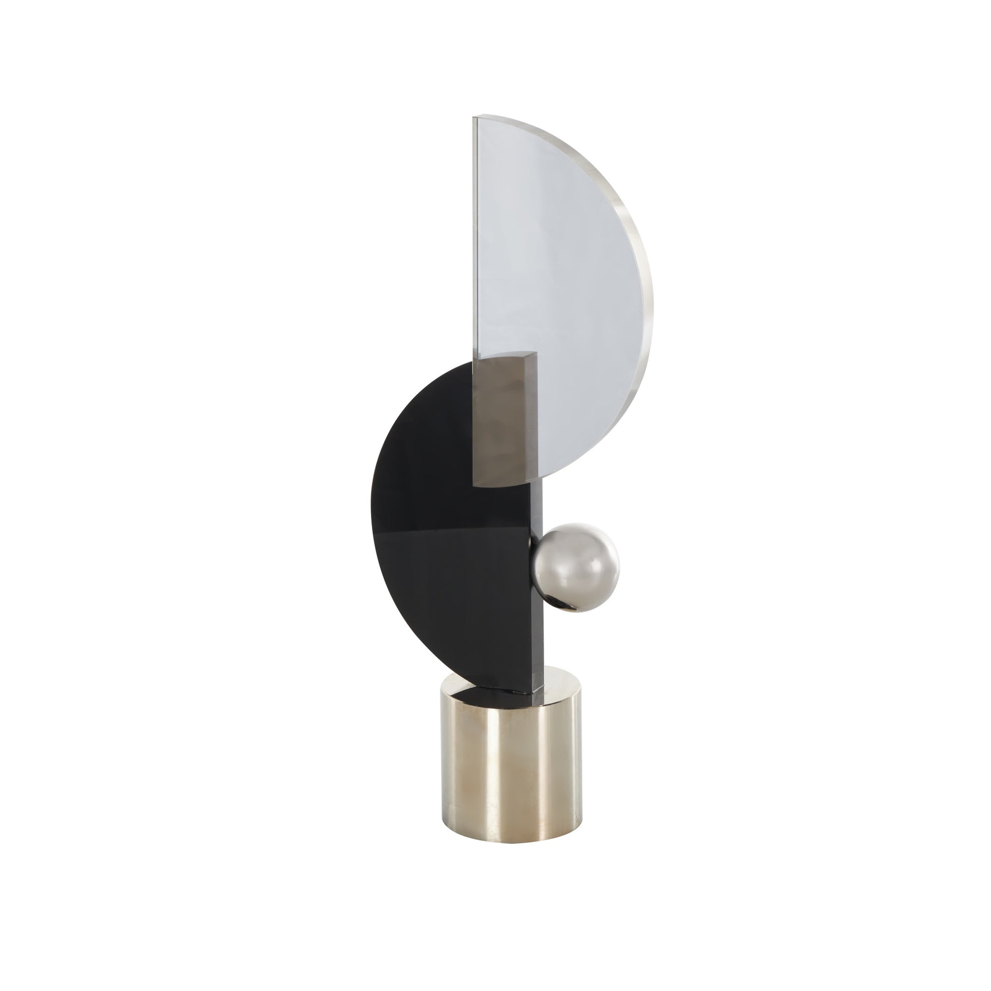 Abstract Black Glass Decorative Sculpture with Silver Orb and Base