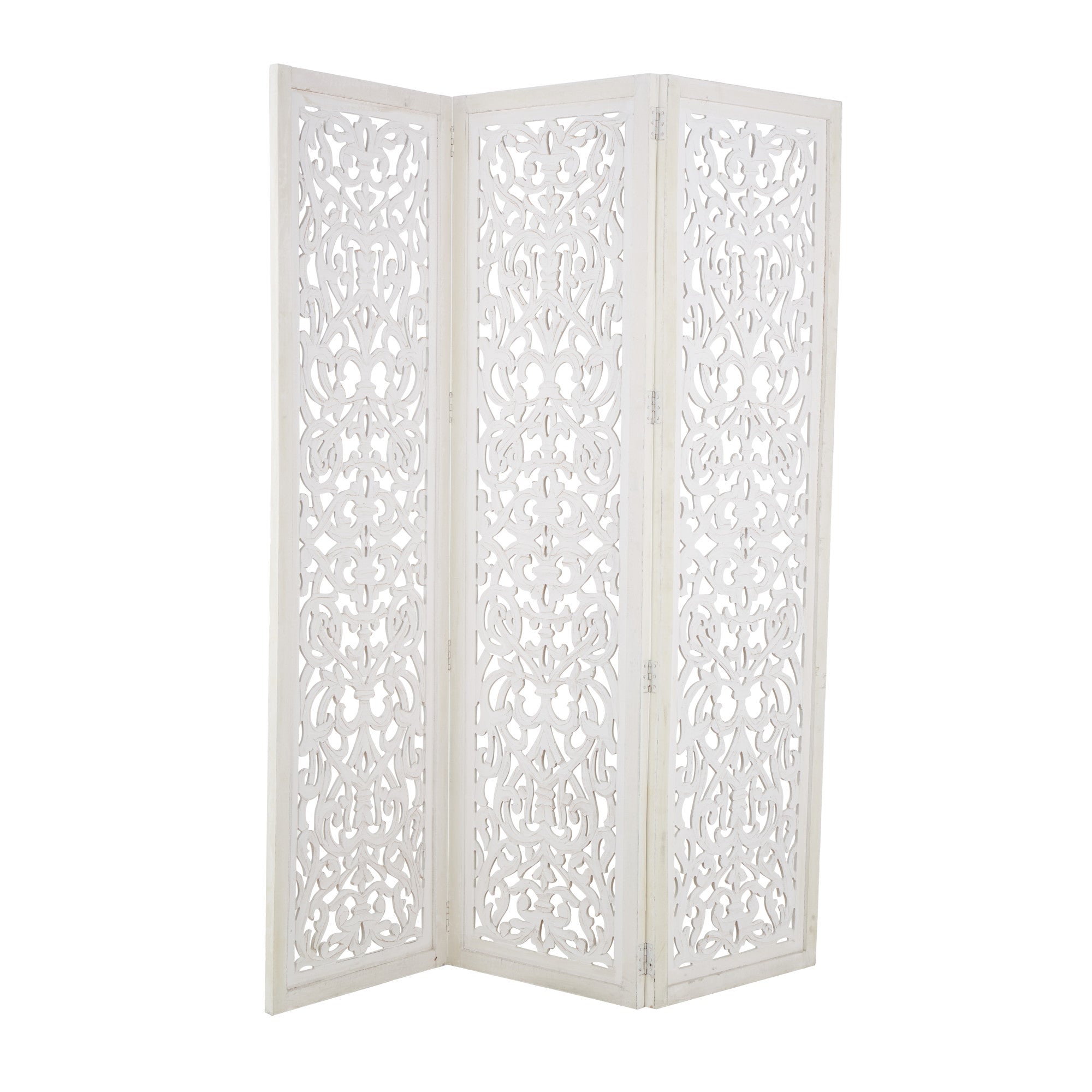 Floral White Wooden Handmade Foldable Partition 3 Panel Partition Room Divider Screen with Carved Design