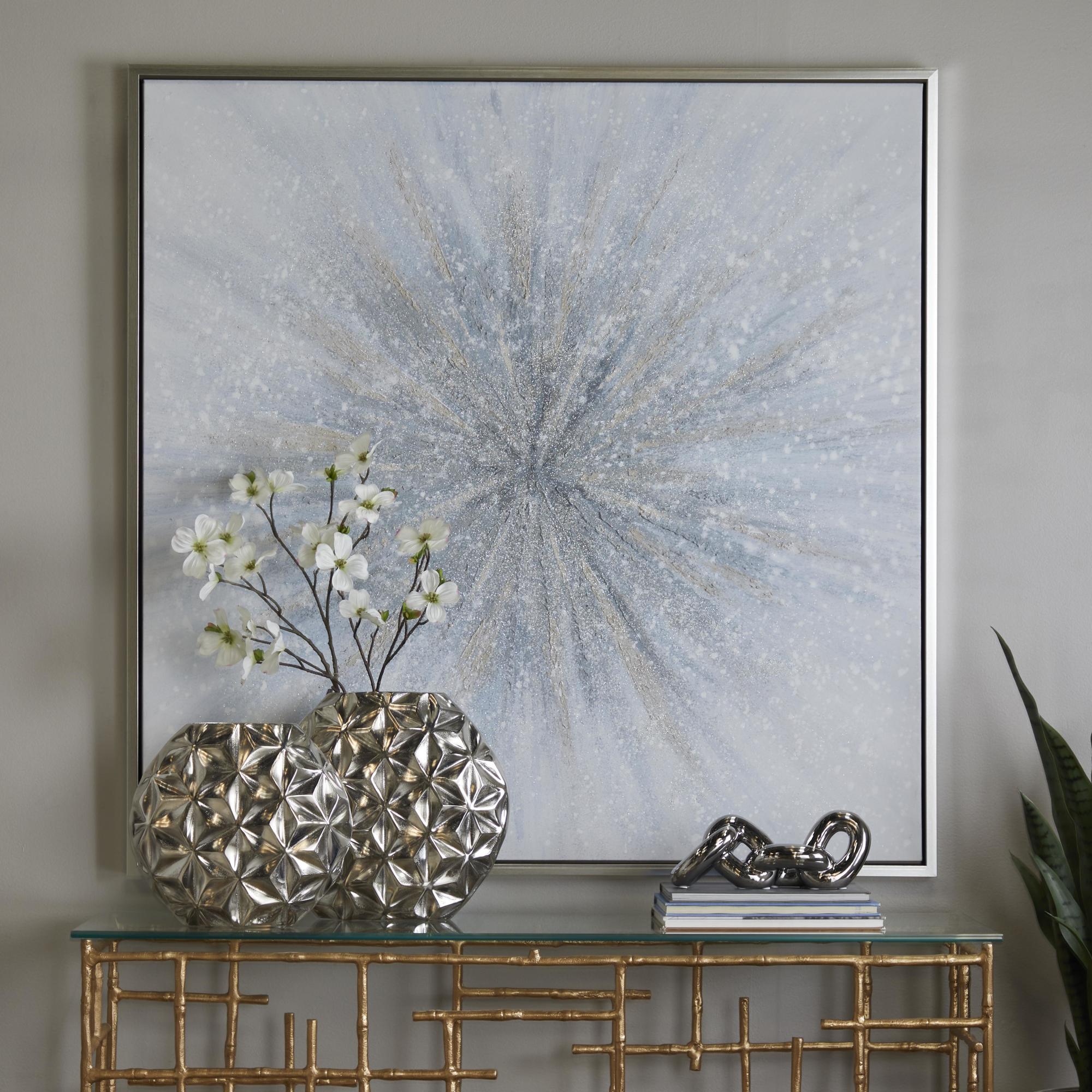 Starburst Blue Canvas Radial Living Room Framed Wall Art with Silver Frame
