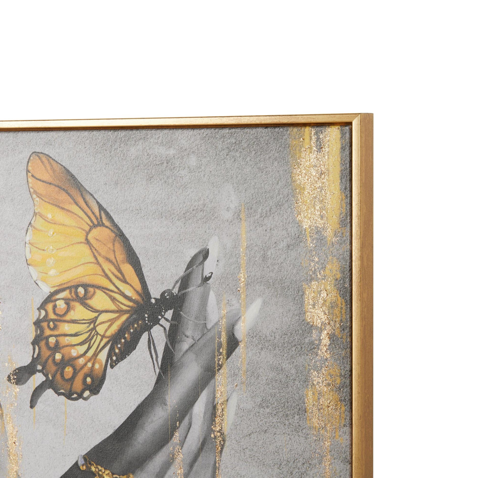 Butterfly Black Canvas Shaded Living Room Framed Wall Art with Jeweled Hands and Gold Foil Accents