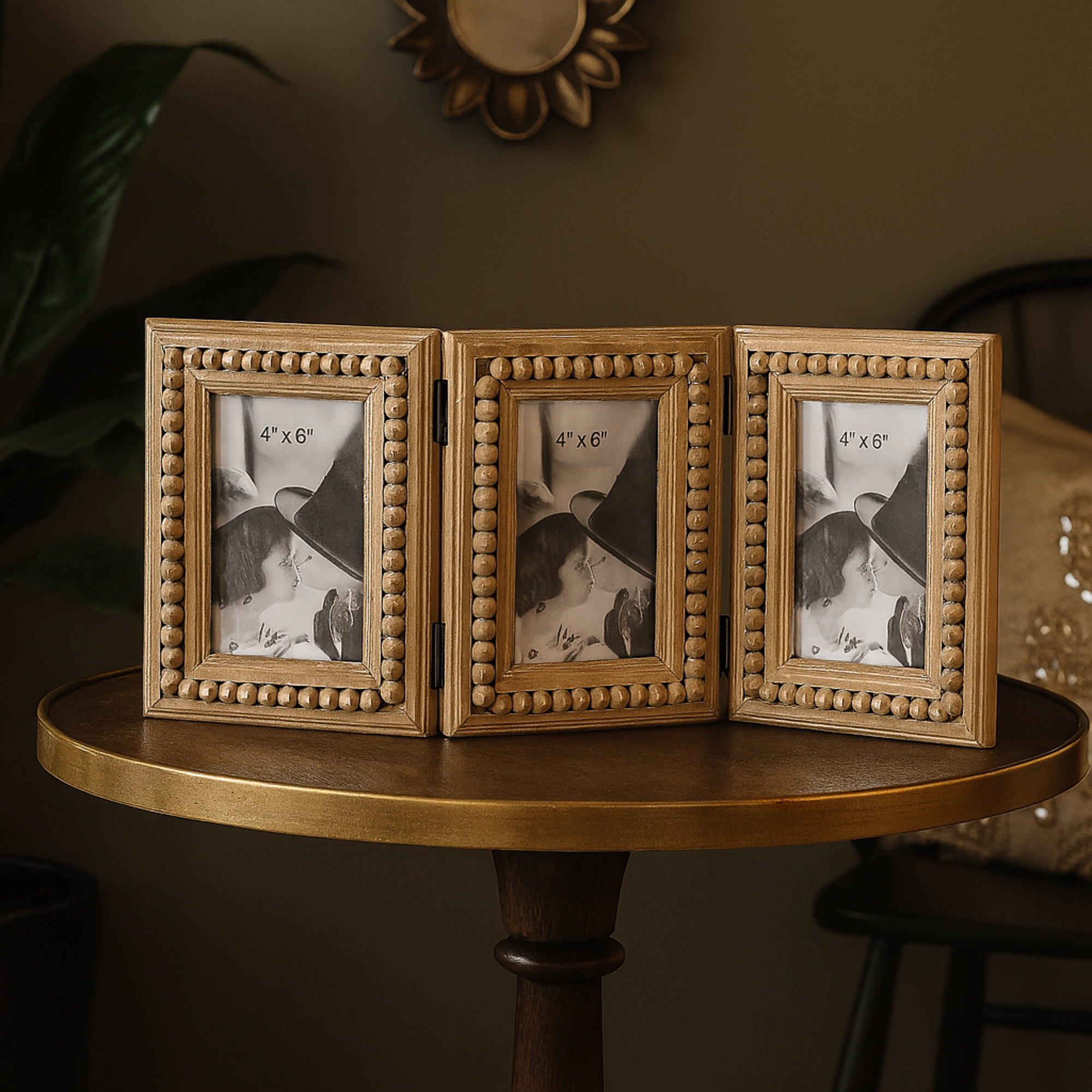 Brown Wood Beaded 3 Slot Ornate Photo Frame