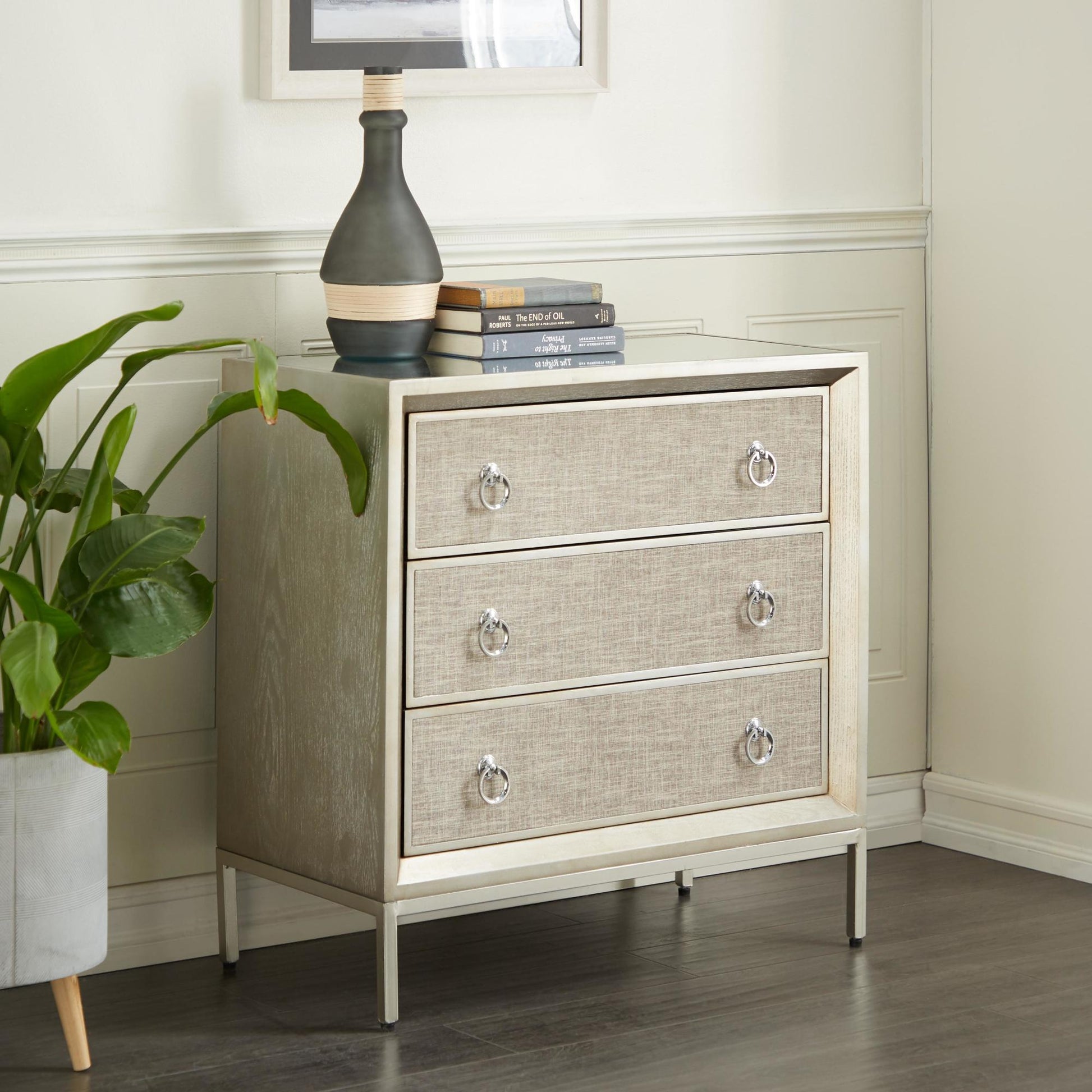 Beige Wooden Upholstered Front Panel 3 Drawer Room Chest with Mirrored Top and Ring Handles