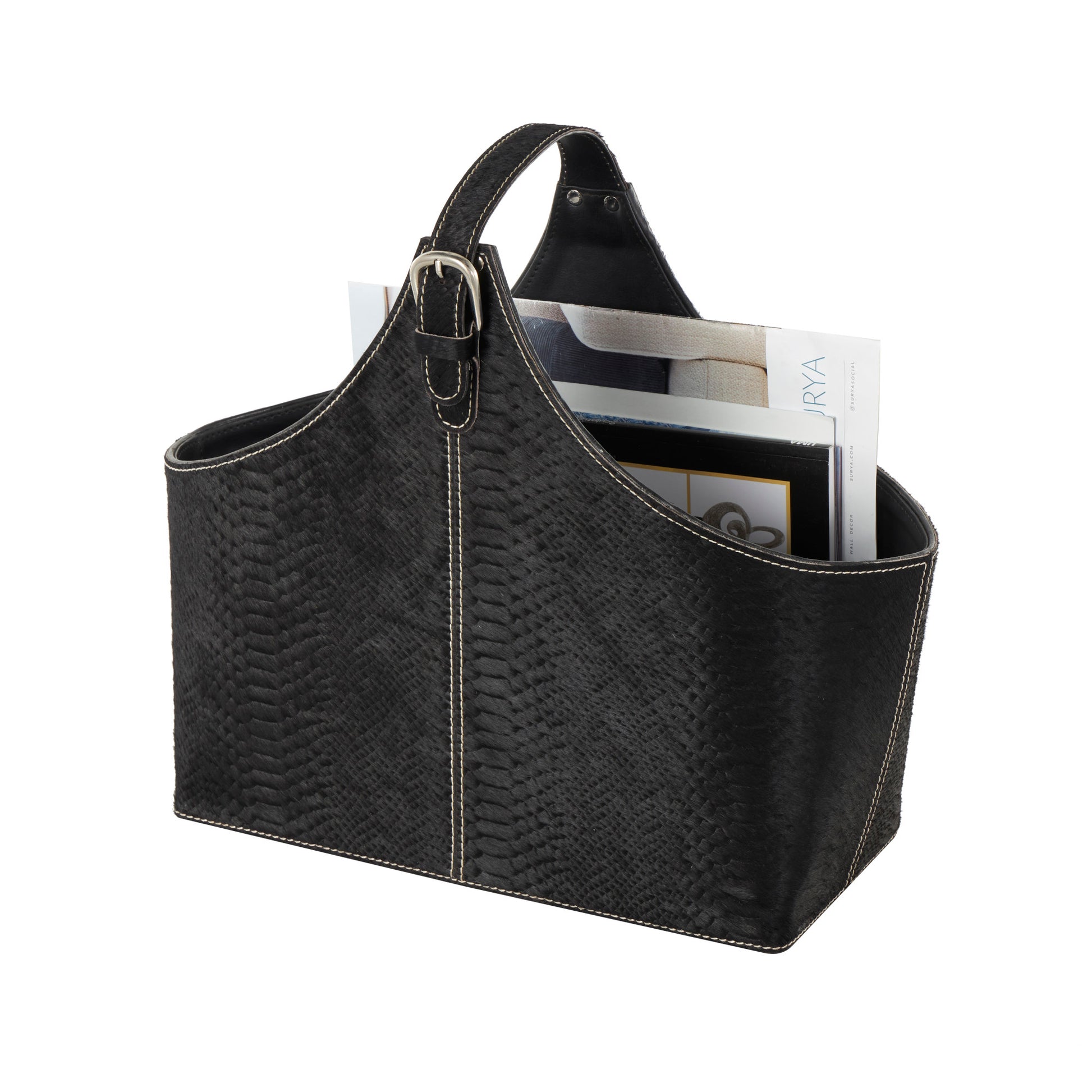 Leather Handmade Box Style Decorative Magazine Holder with Detail Stitching and Curved Buckle Handle