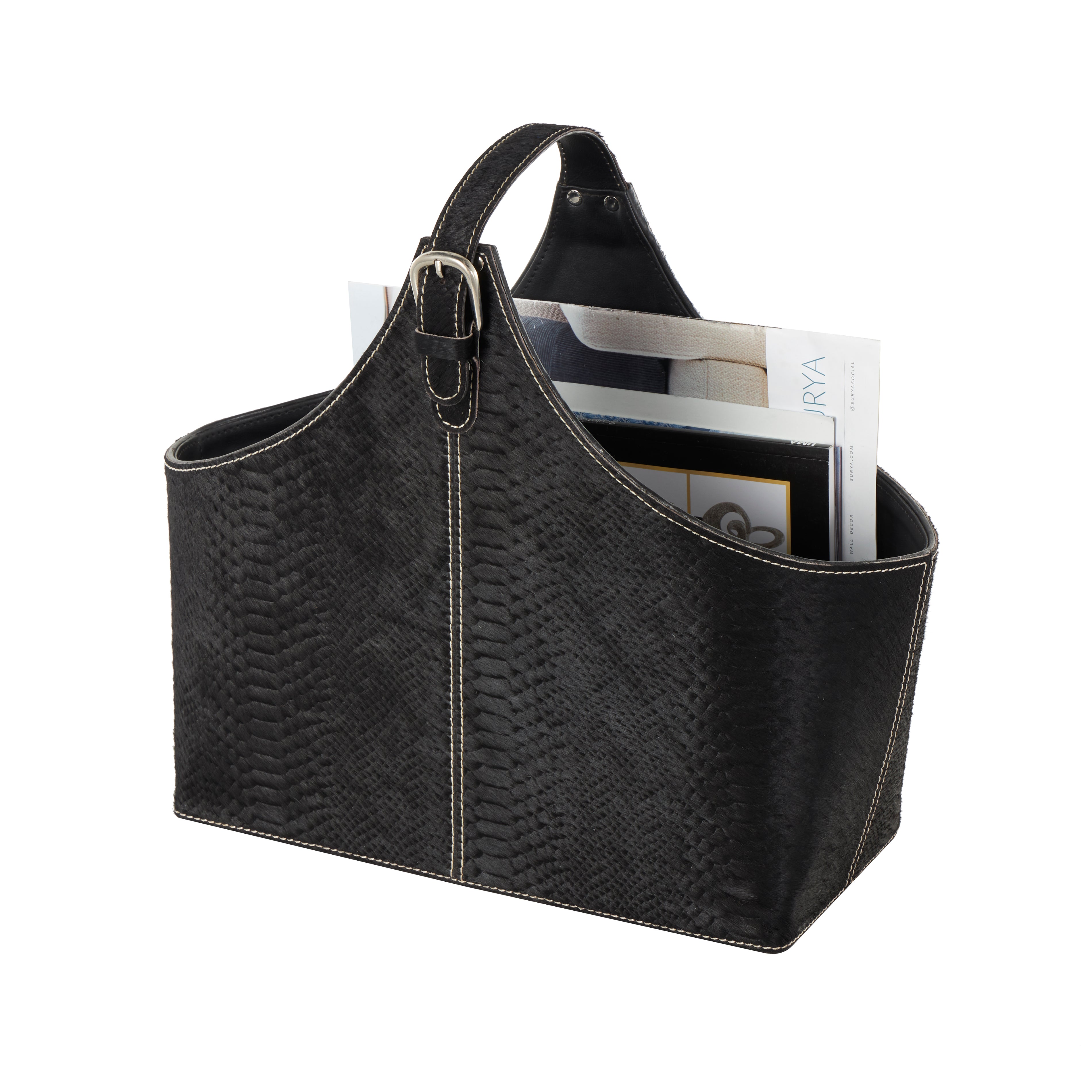 Leather Handmade Box Style Decorative Magazine Holder with Detail Stitching and Curved Buckle Handle