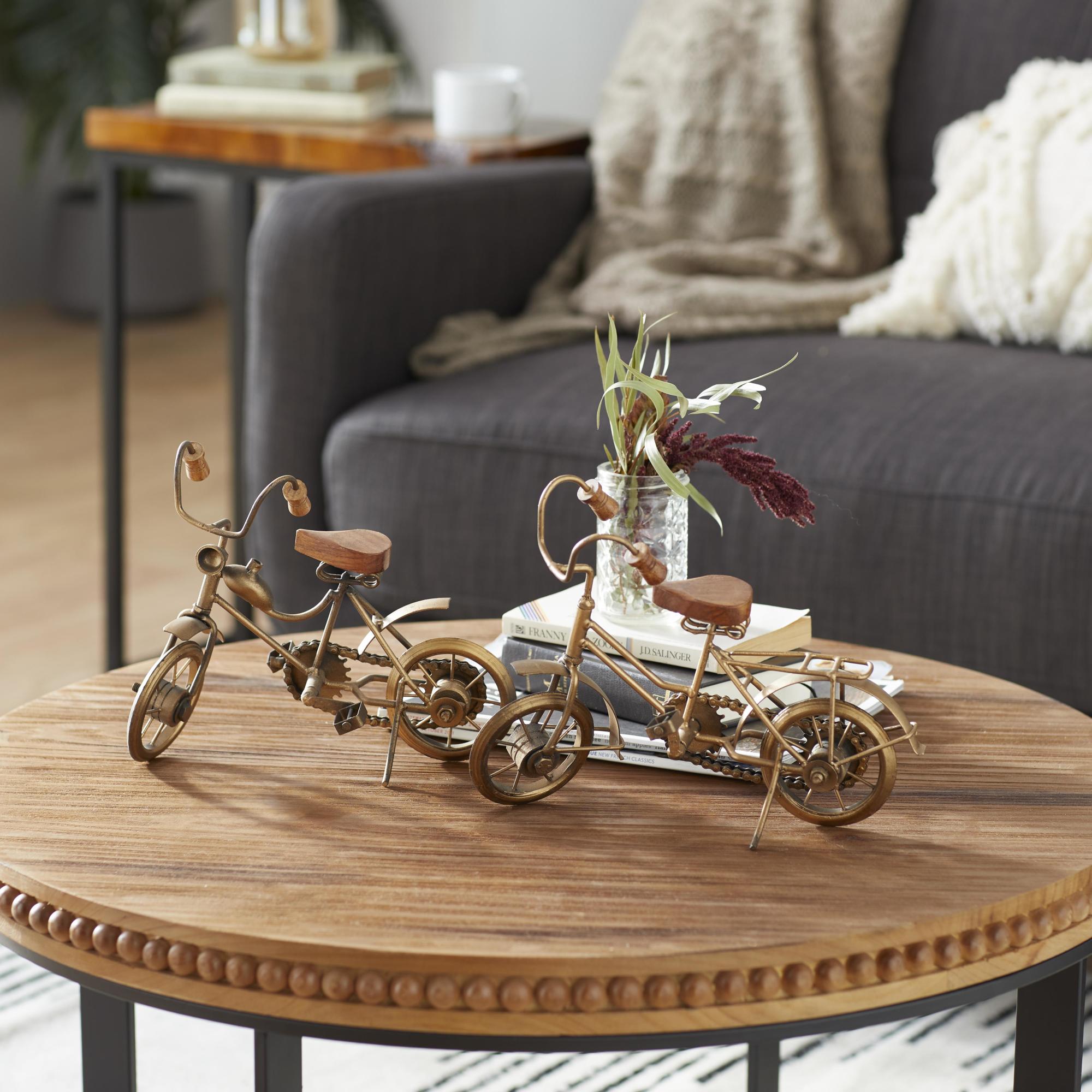 Set of 2 Bike Gold Metal Decorative Sculpture with Wood Accents